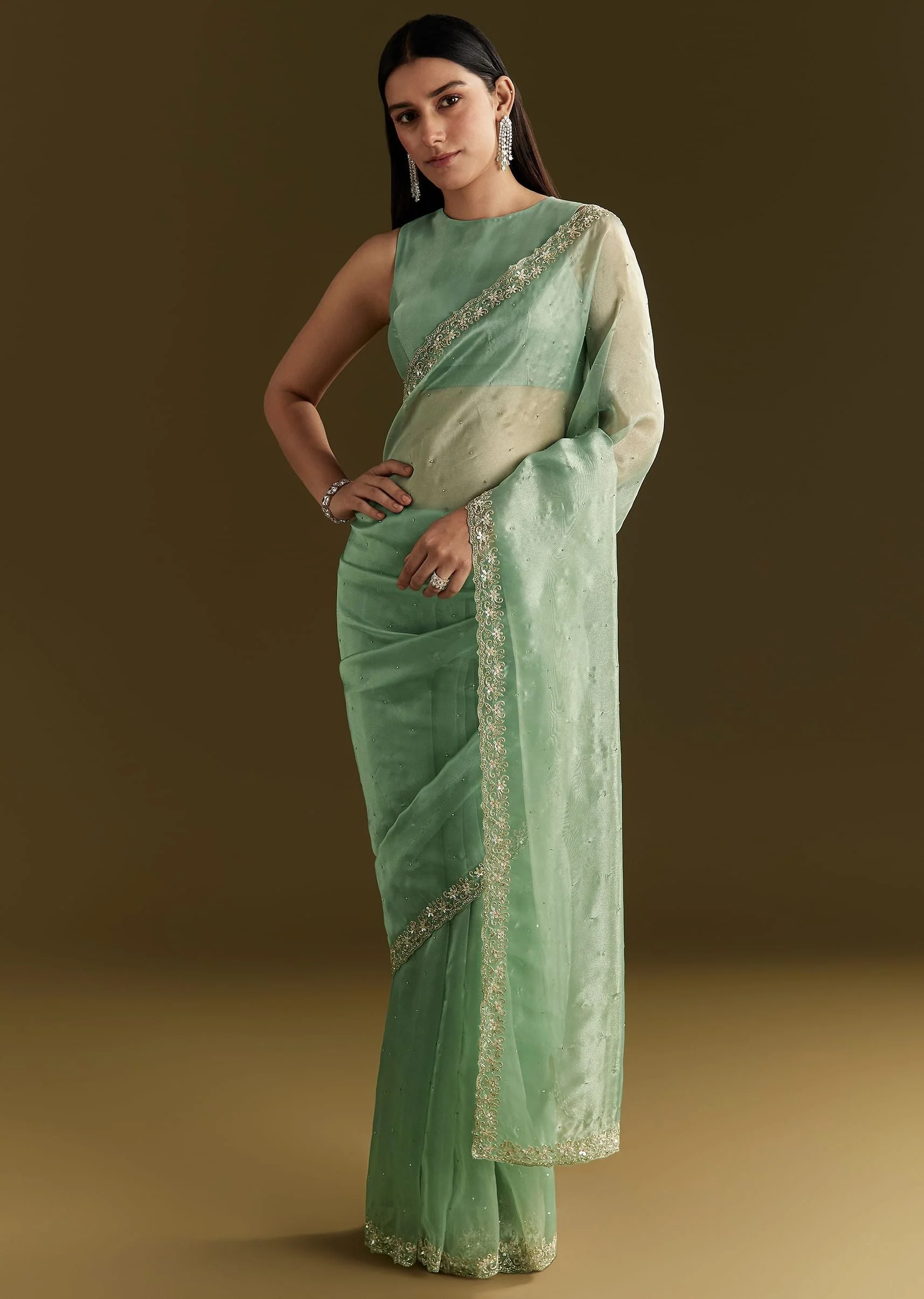 Aqua Green Organza Embroidered Saree With Scallop Border - Image 5