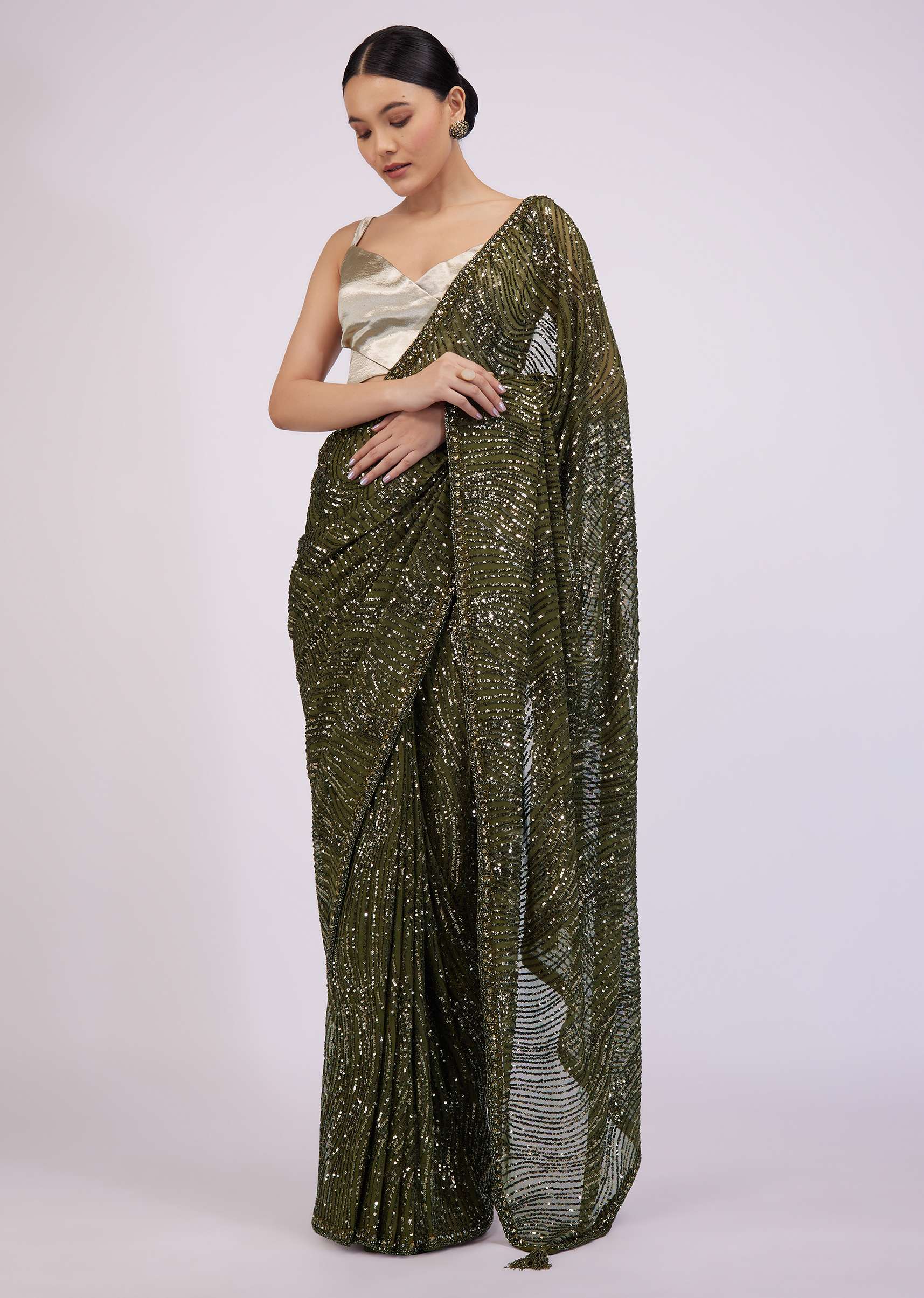 Army Green Saree In Sequins And Organza With Detailed Embroidery - Image 10