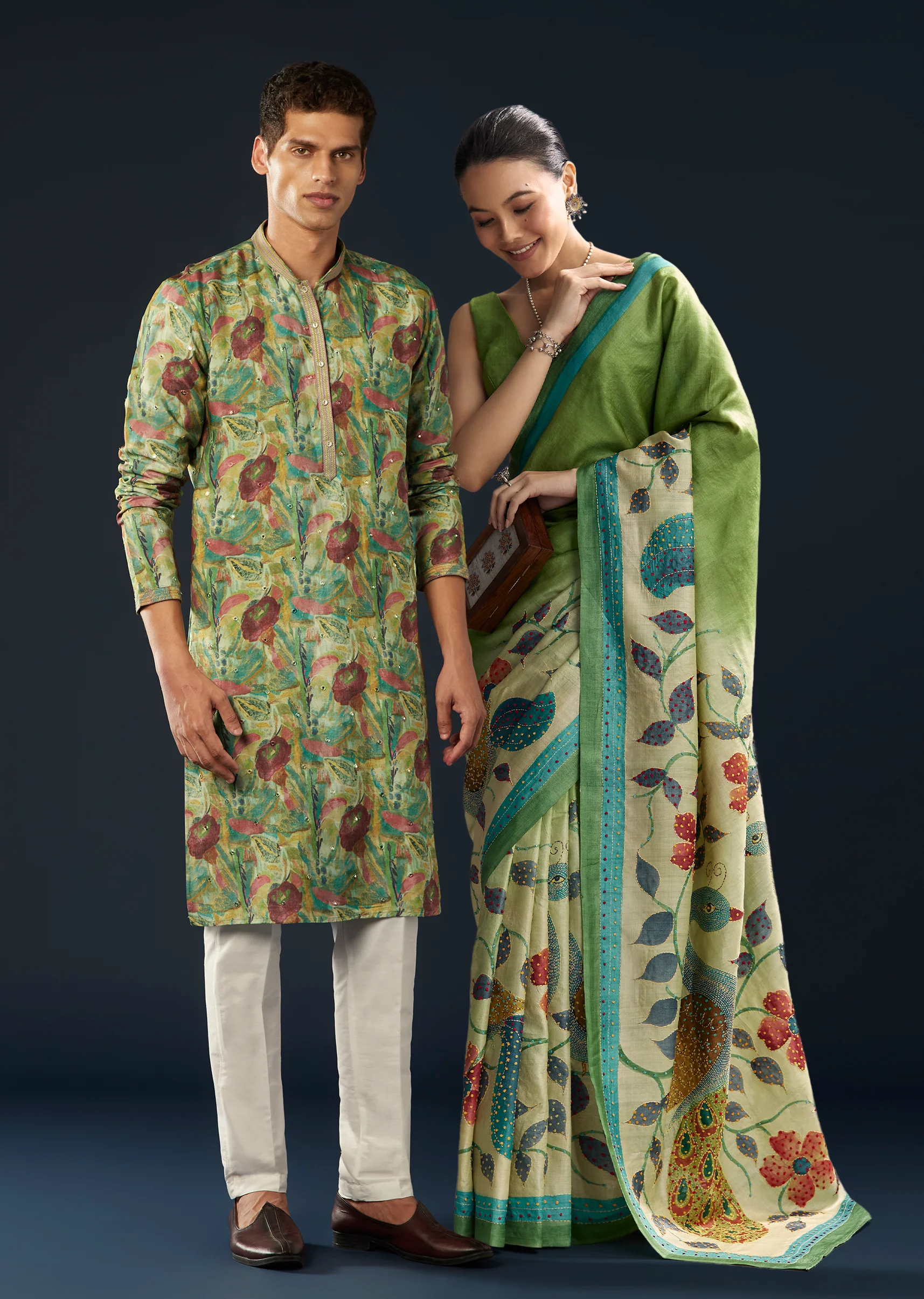 Artistic Green Festive Couple Set – Green Hand-Painted Cotton Saree For Her And Green Floral Silk Kurta Set For Him