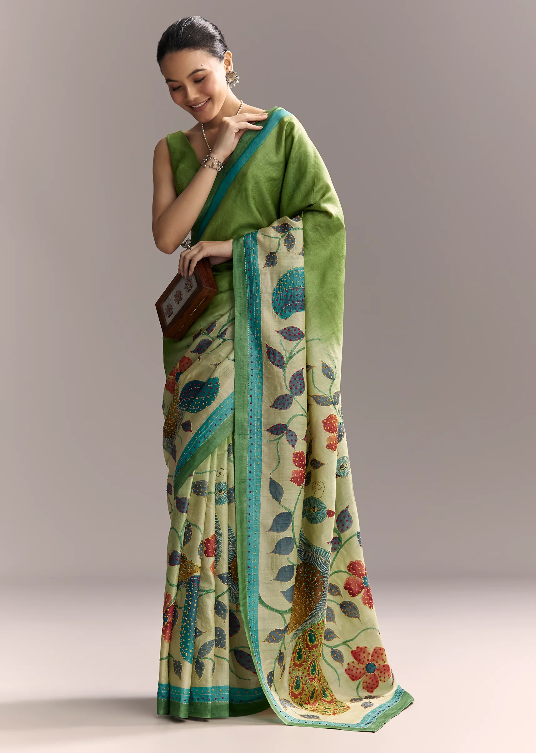 Artistic Green Festive Couple Set – Green Hand-Painted Cotton Saree For Her And Green Floral Silk Kurta Set For Him - Image 2