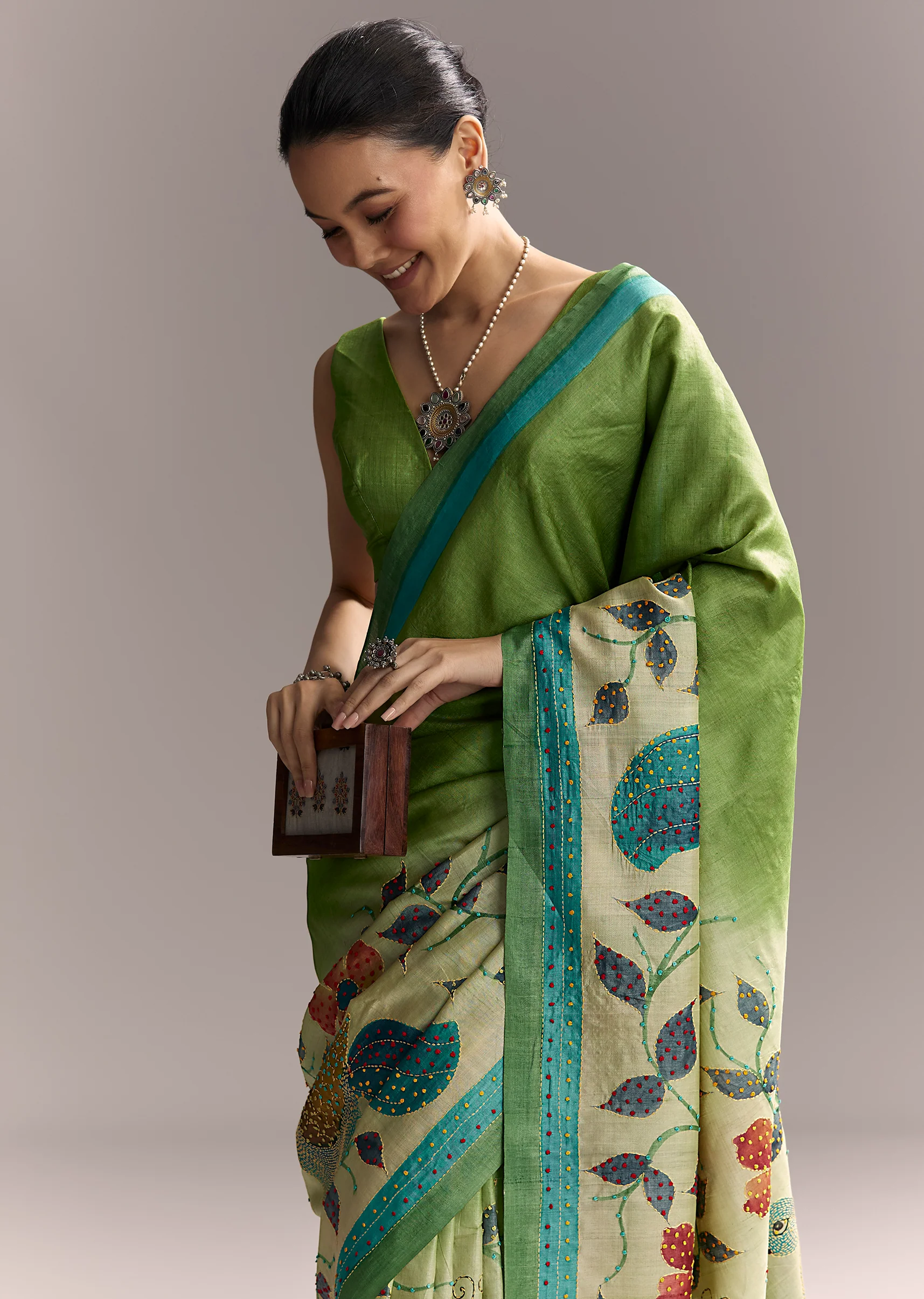 Artistic Green Festive Couple Set – Green Hand-Painted Cotton Saree For Her And Green Floral Silk Kurta Set For Him - Image 5