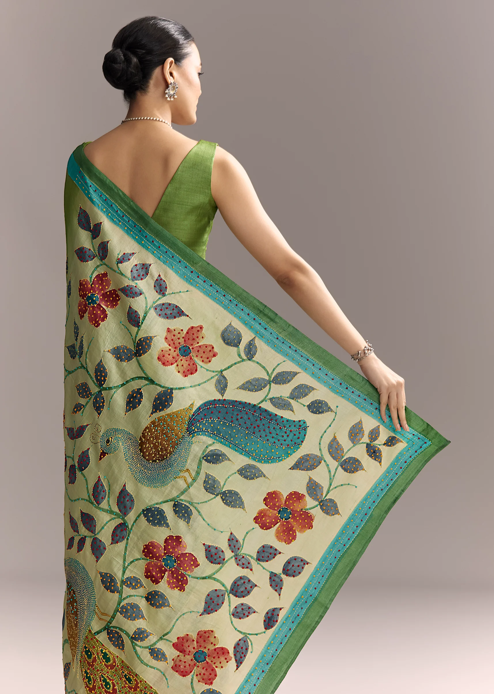 Artistic Green Festive Couple Set – Green Hand-Painted Cotton Saree For Her And Green Floral Silk Kurta Set For Him - Image 6