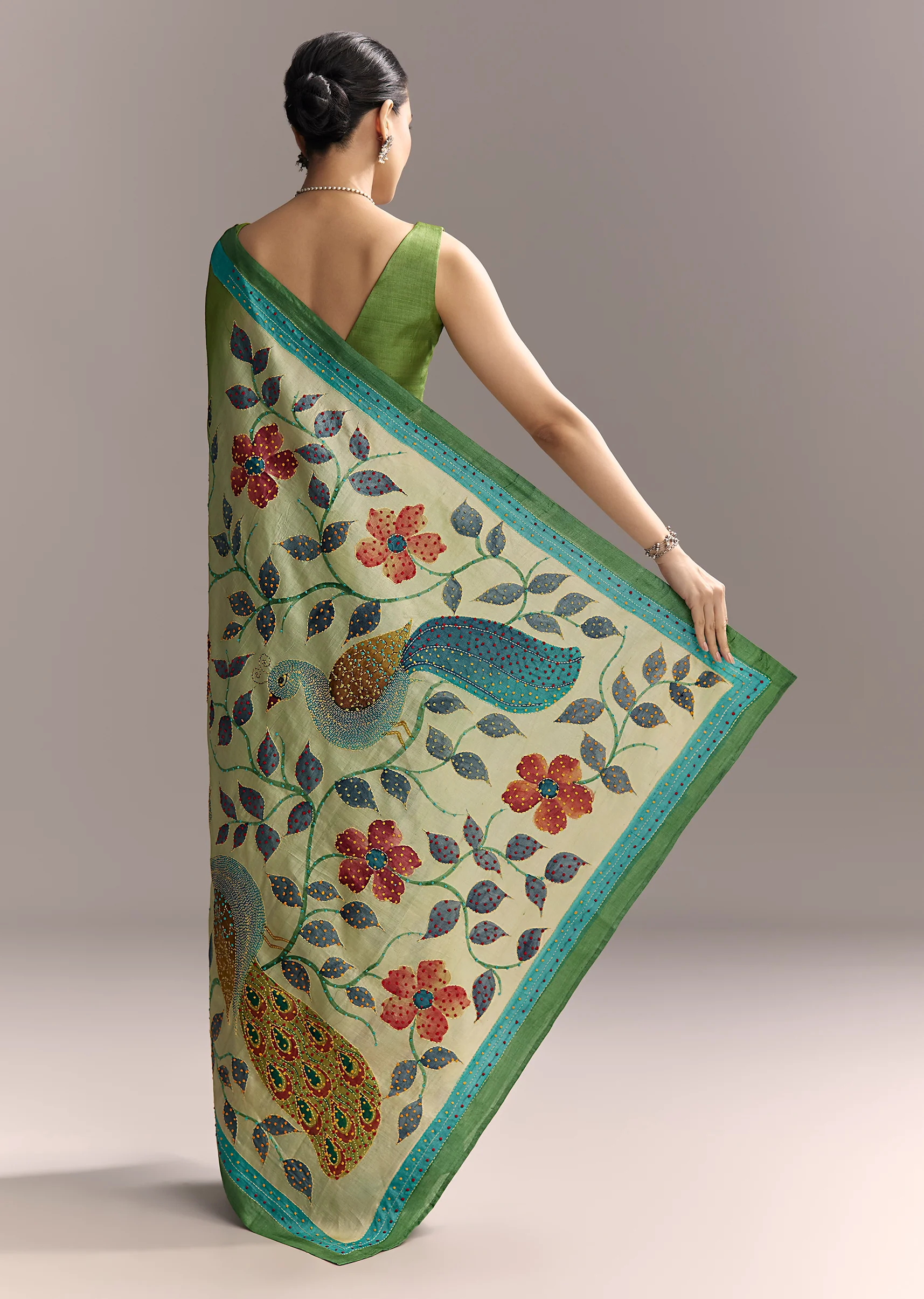 Artistic Green Festive Couple Set – Green Hand-Painted Cotton Saree For Her And Green Floral Silk Kurta Set For Him - Image 7