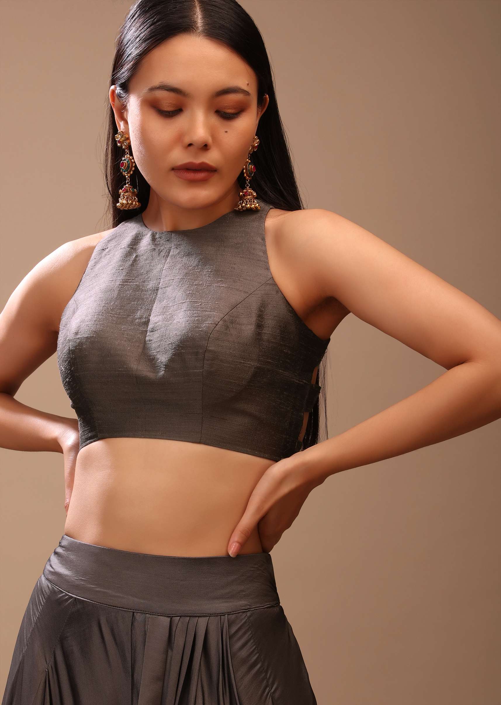 Ash Grey Blouse In Raw Silk With Stylish Cage Cut Outs On The Back And Halter Neckline - Image 3