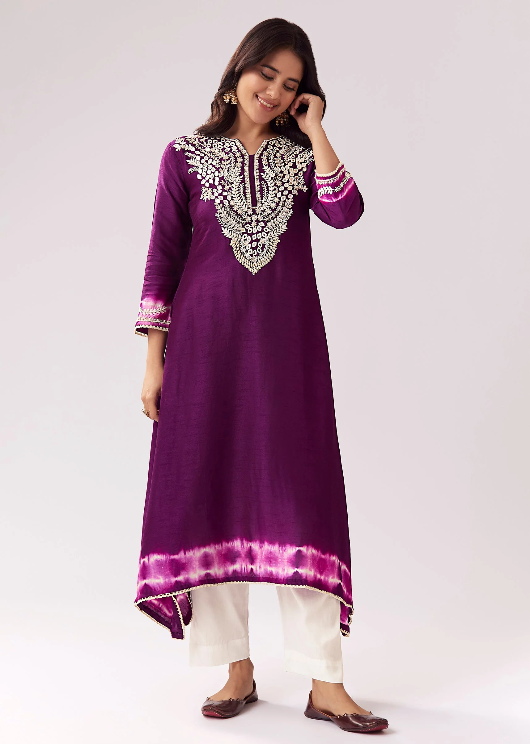 Asymmetric Purple Kurti Coord With Mirror Work And Leheriya Border - Image 3