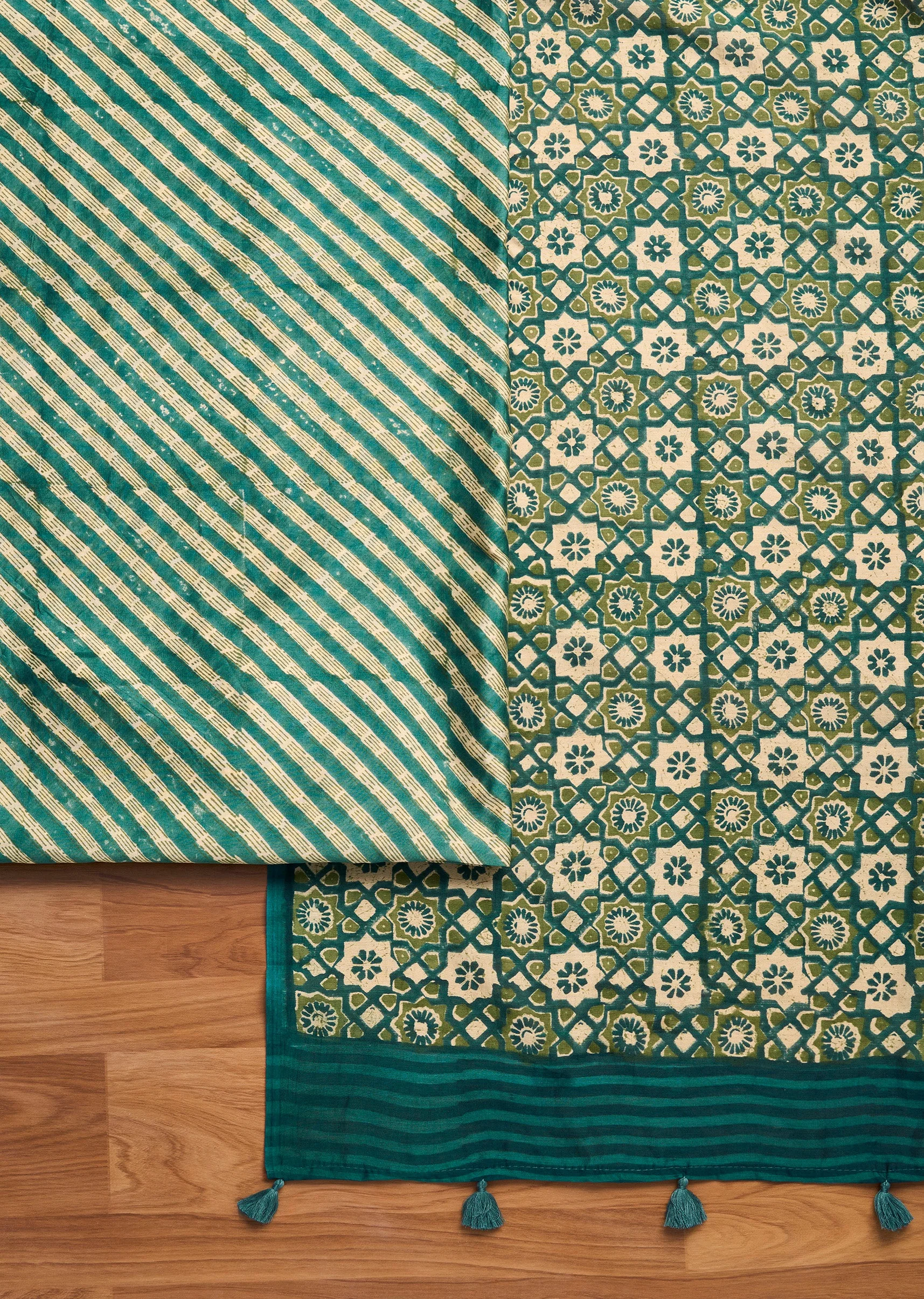 Azure Blue Chanderi Printed Unstitched Suit Set - Image 2