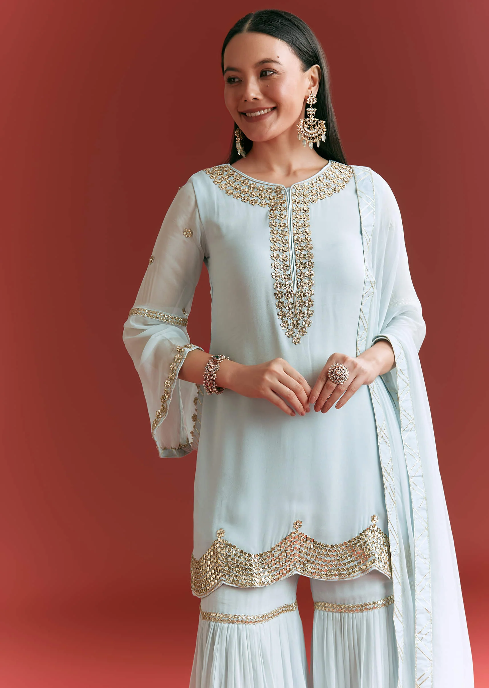 Baby Blue Georgette Kurta Sharara Suit With Gotta Lace And Moti Work - Image 4
