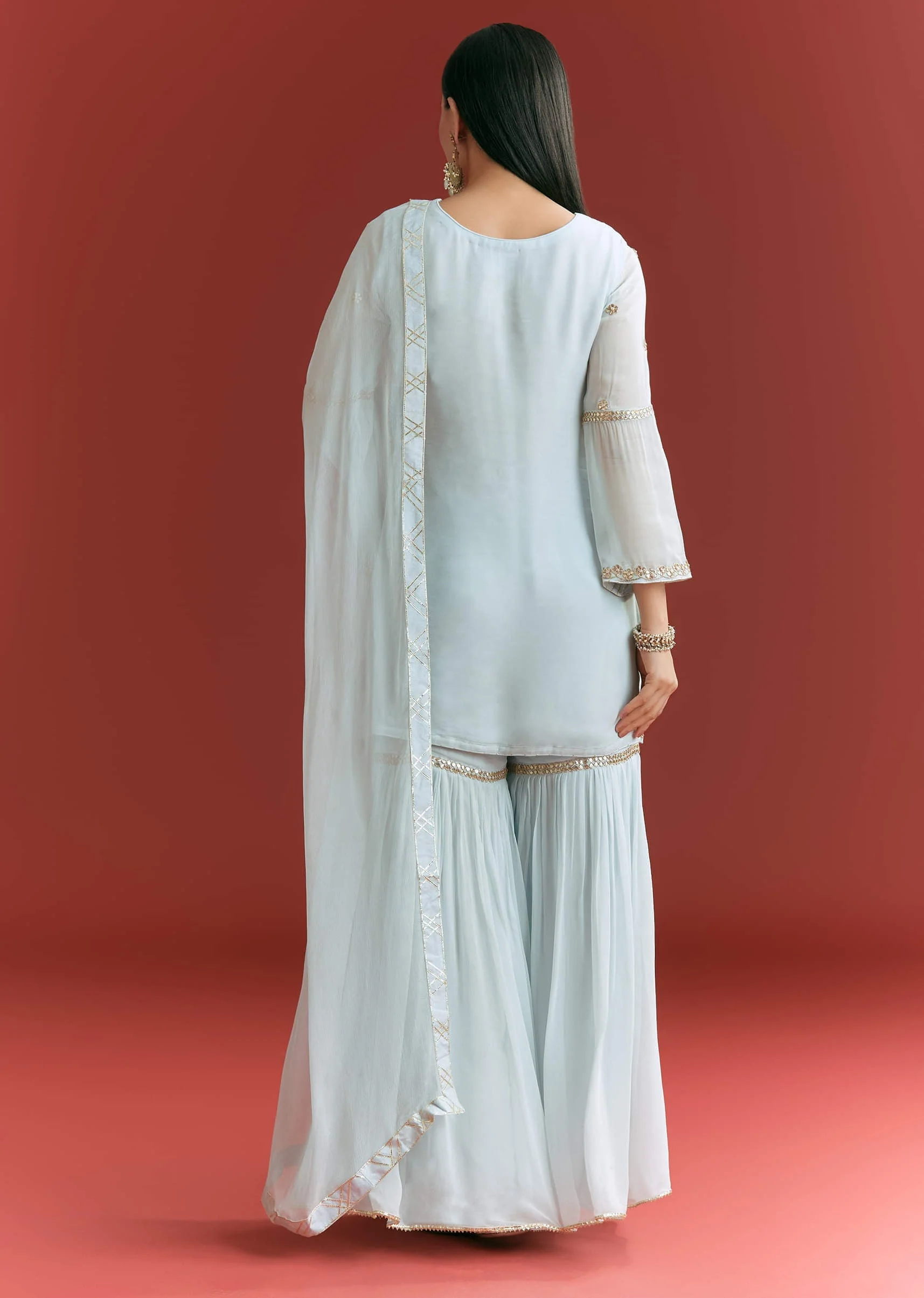 Baby Blue Georgette Kurta Sharara Suit With Gotta Lace And Moti Work - Image 5