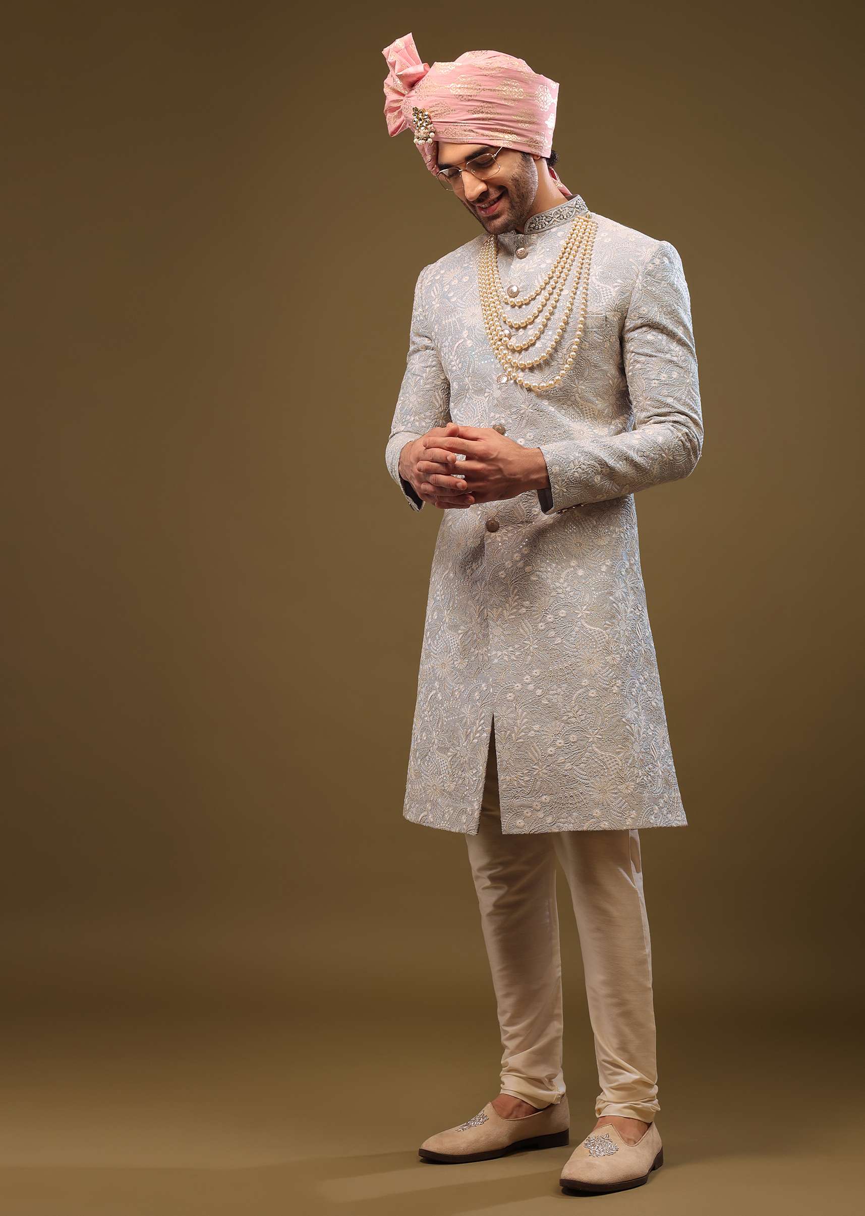 Powder Blue Silk Sherwani Set In Zari And Sequins Embroidery - Image 4
