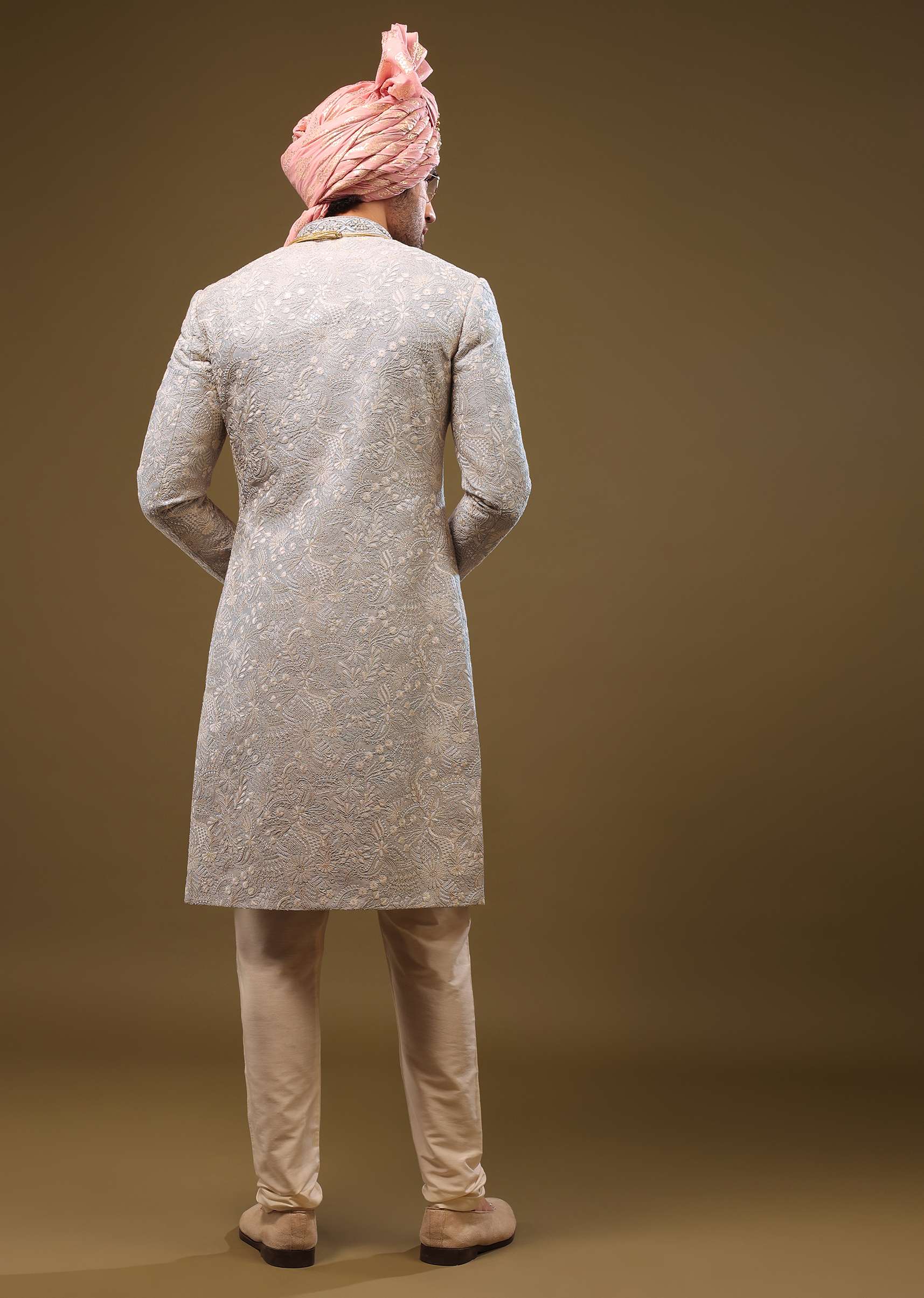 Powder Blue Silk Sherwani Set In Zari And Sequins Embroidery - Image 5