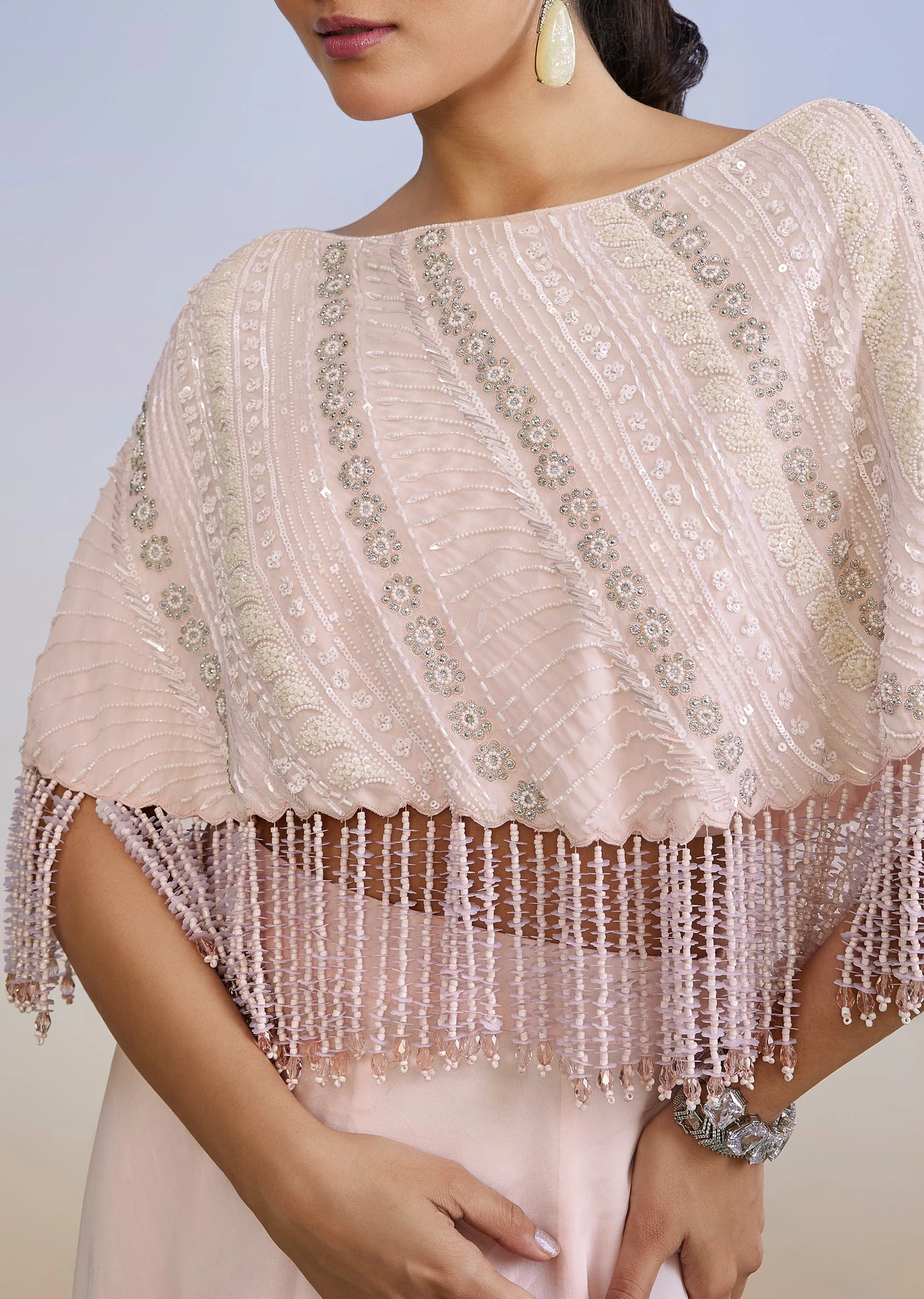 Baby Pink Cape Lehenga With Moti Sequin Cut Dana Work - Image 3
