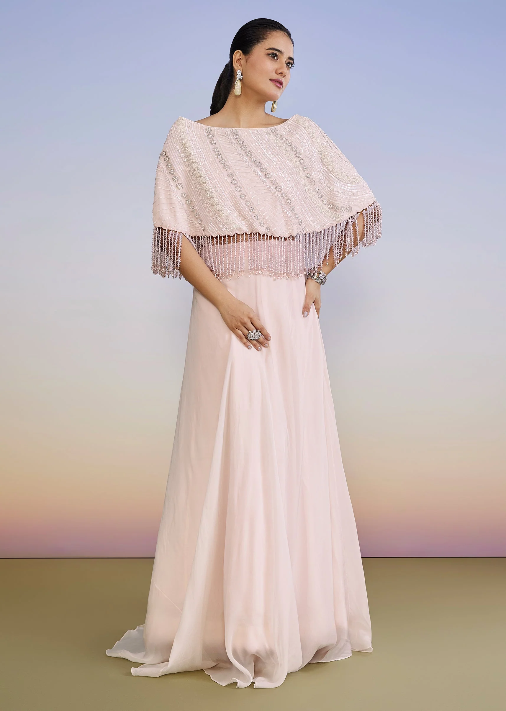 Baby Pink Cape Lehenga With Moti Sequin Cut Dana Work - Image 4
