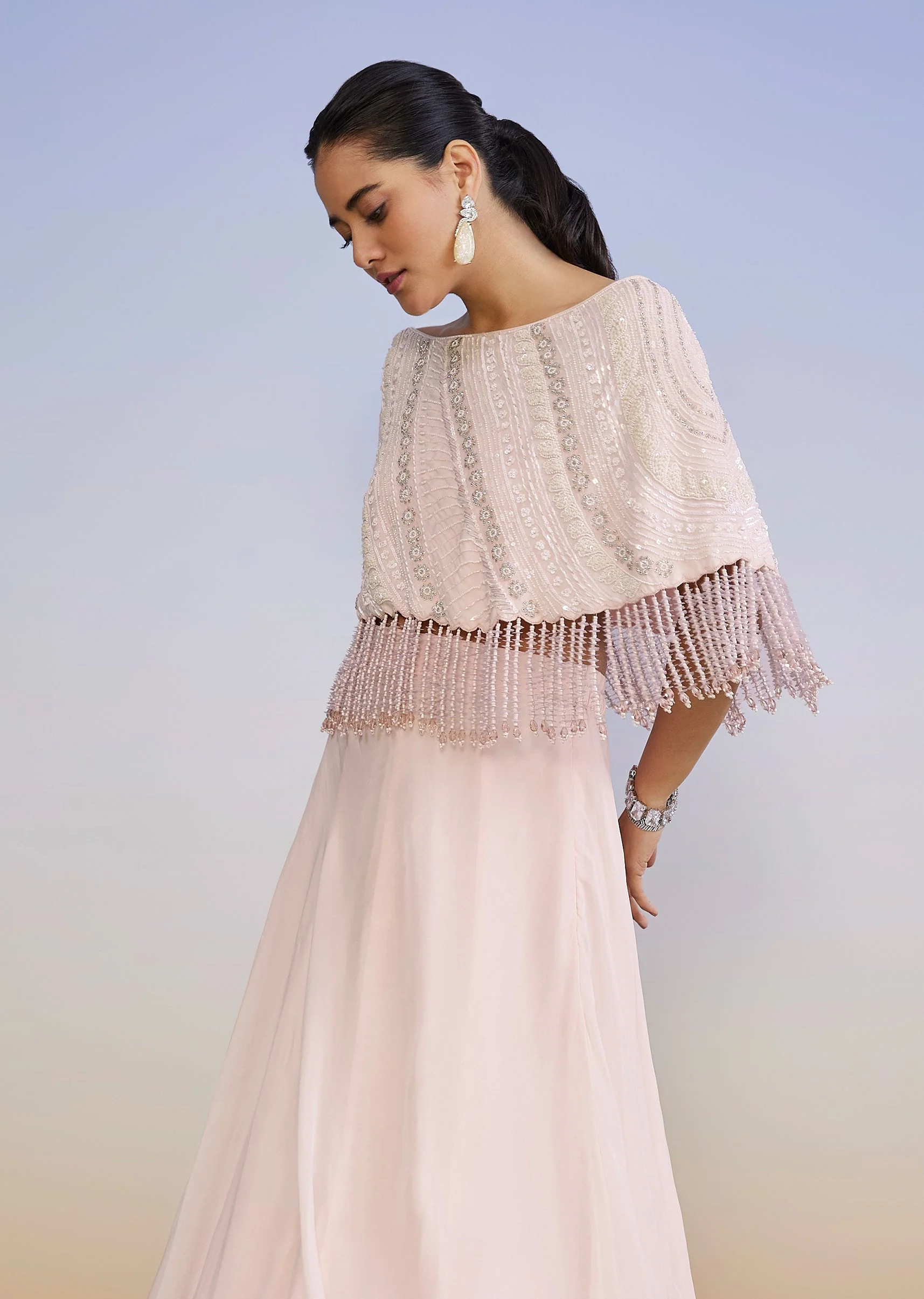 Baby Pink Cape Lehenga With Moti Sequin Cut Dana Work - Image 5