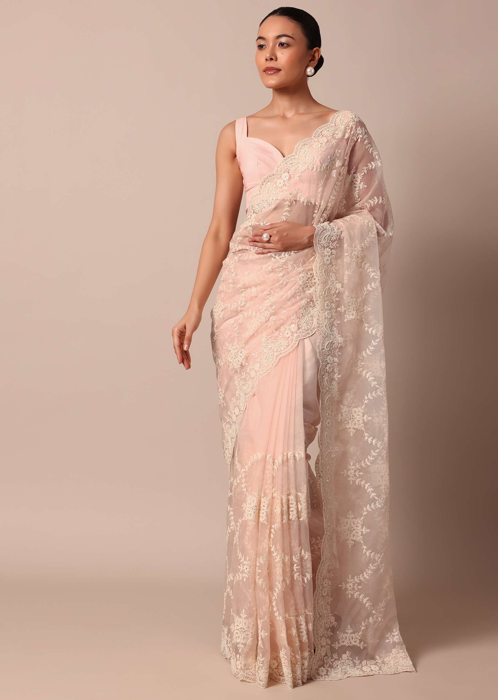 Baby Pink Chikankari Organza Silk Saree With Scallop Border And Unstitched Blouse Fabric - Image 3