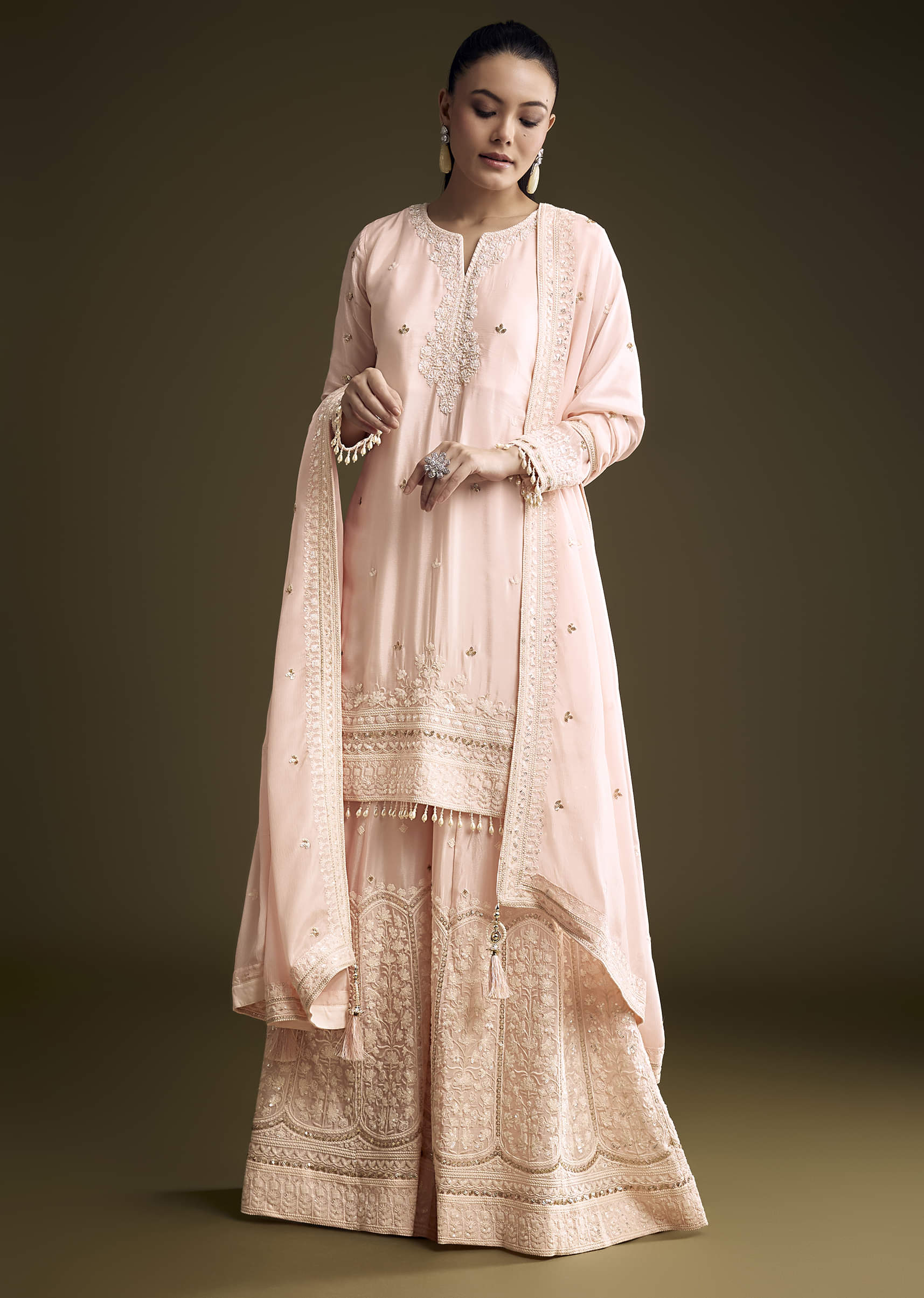 Baby Pink Chinon Palazzo Suit With Thread And Sequins Work - Image 3
