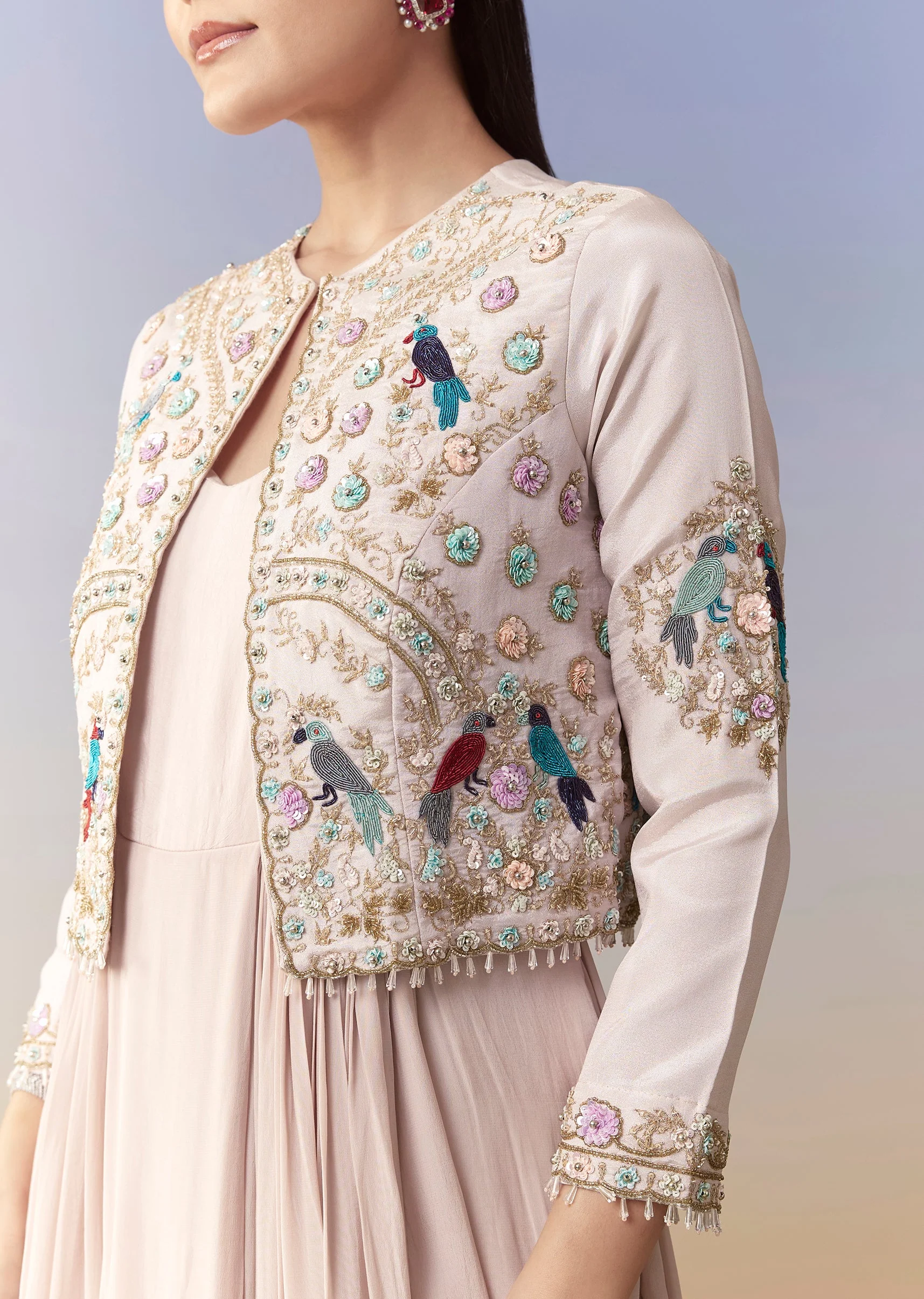 Baby Pink Cowl Draped Sequin Gown and Jacket Set - Image 2