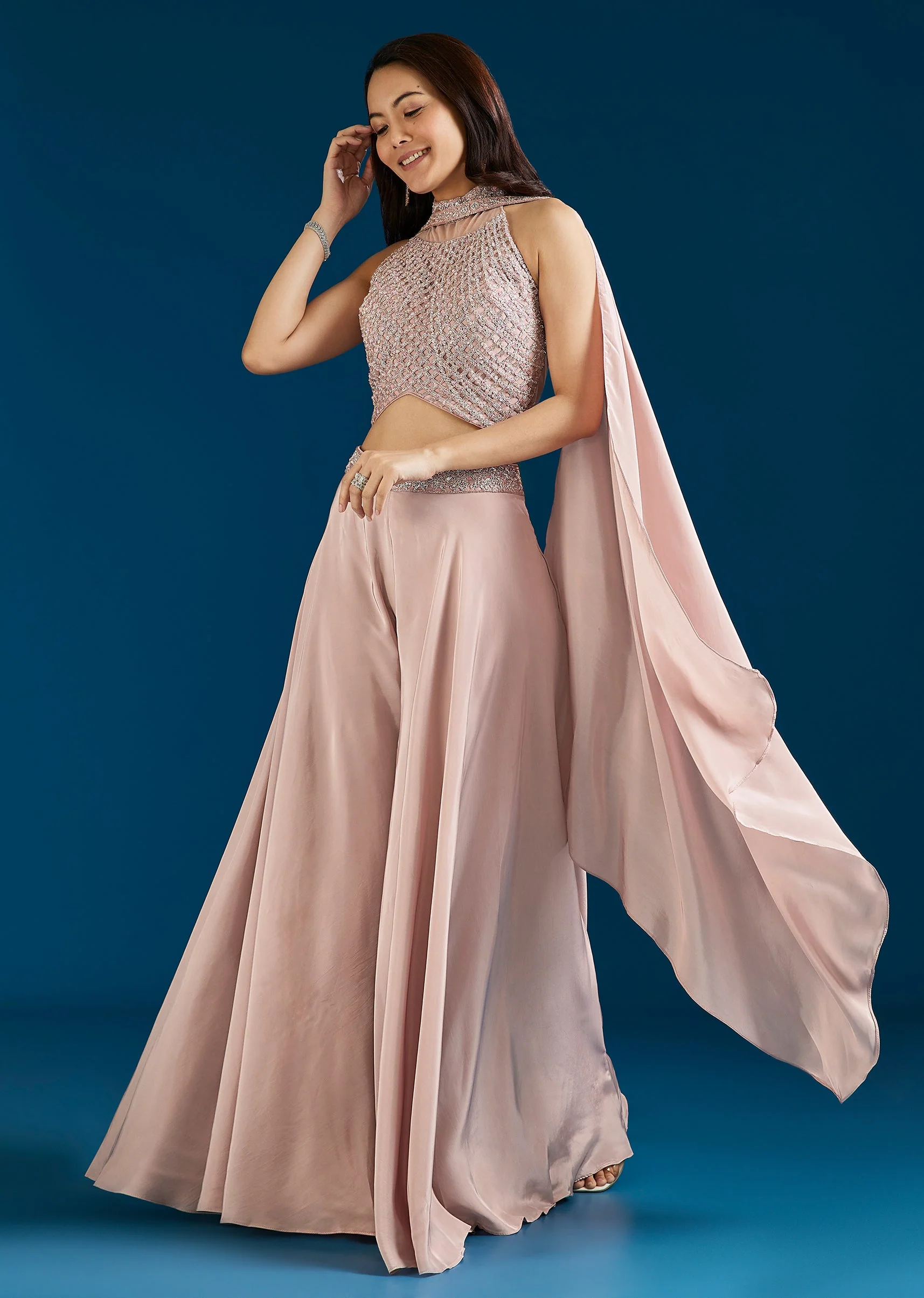 Baby Pink Embellished Crop Top Palazzo Set With Dupatta