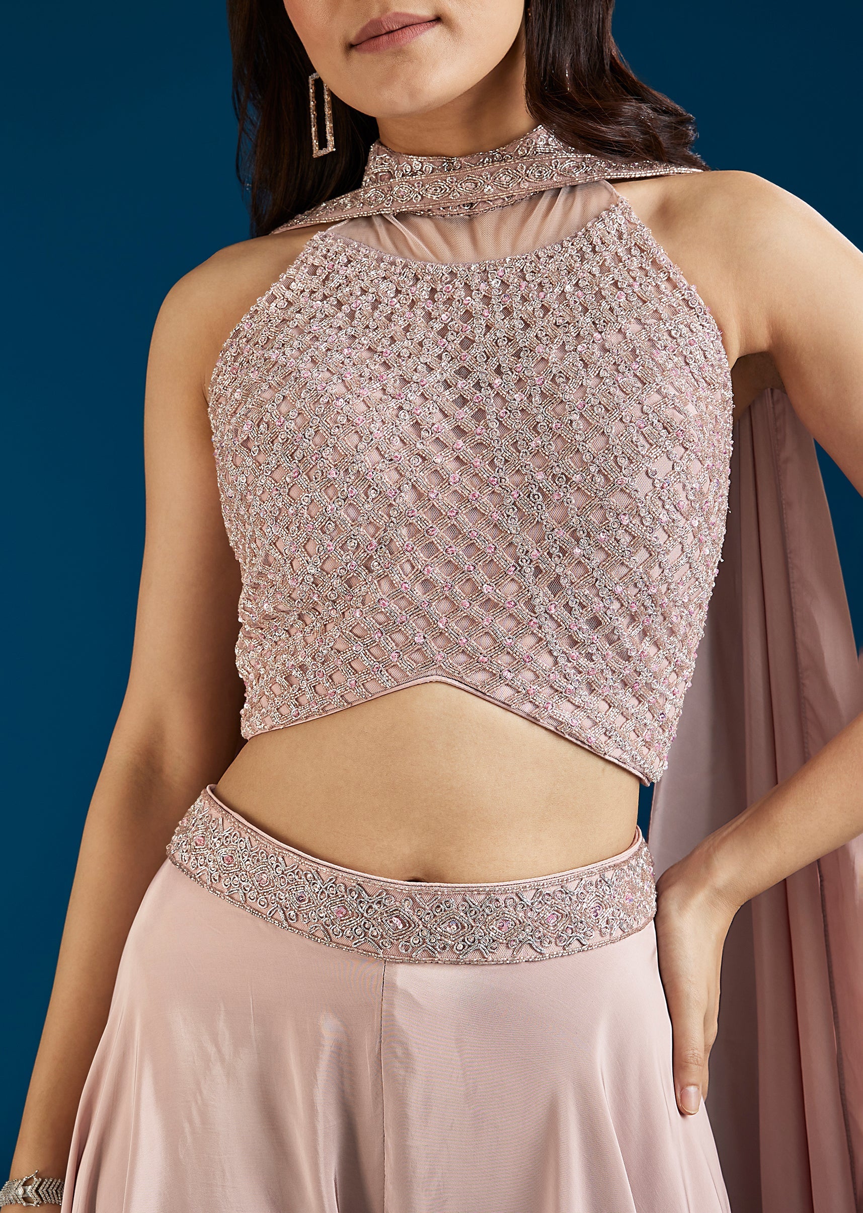 Baby Pink Embellished Crop Top Palazzo Set With Dupatta - Image 2