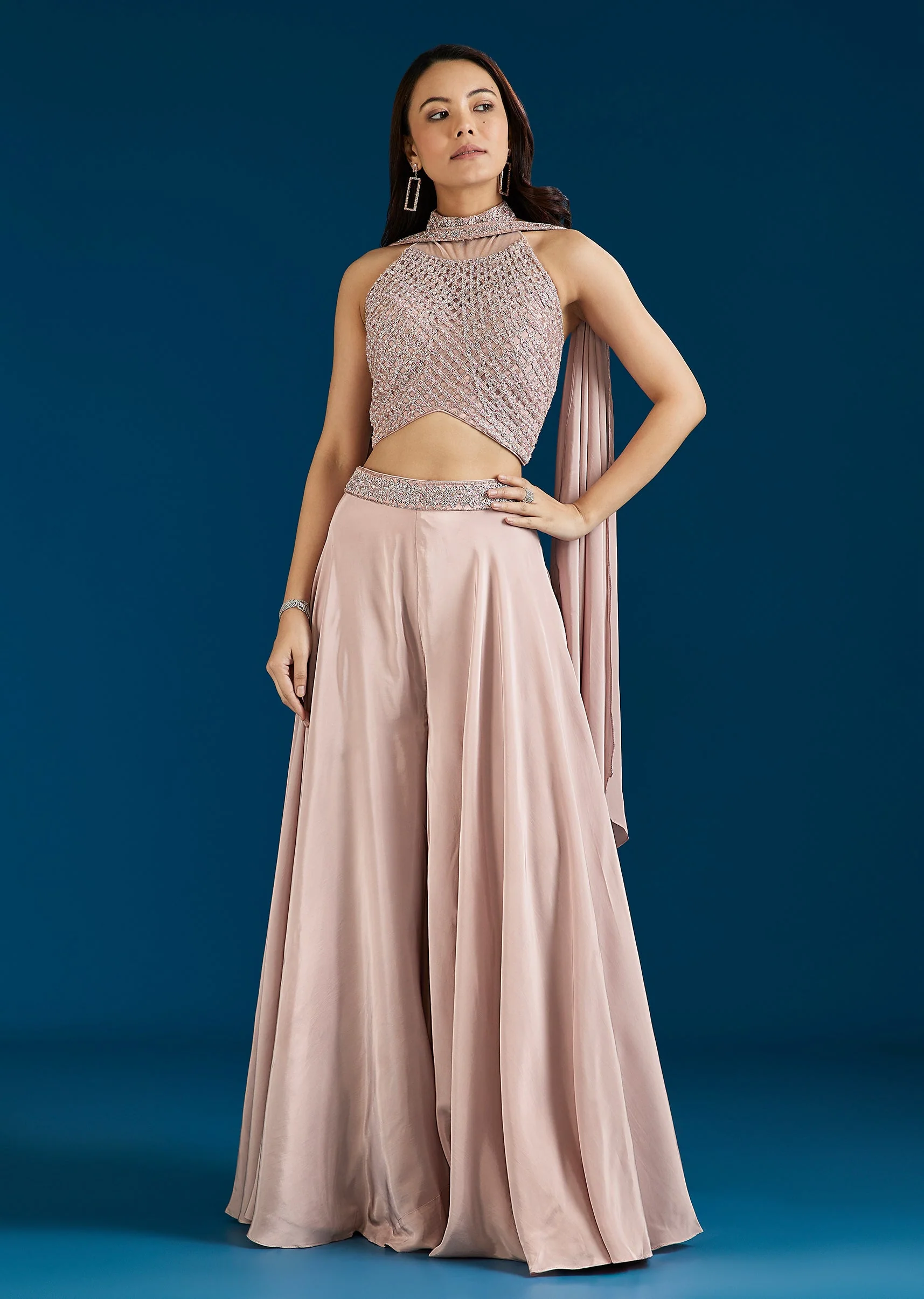 Baby Pink Embellished Crop Top Palazzo Set With Dupatta - Image 3