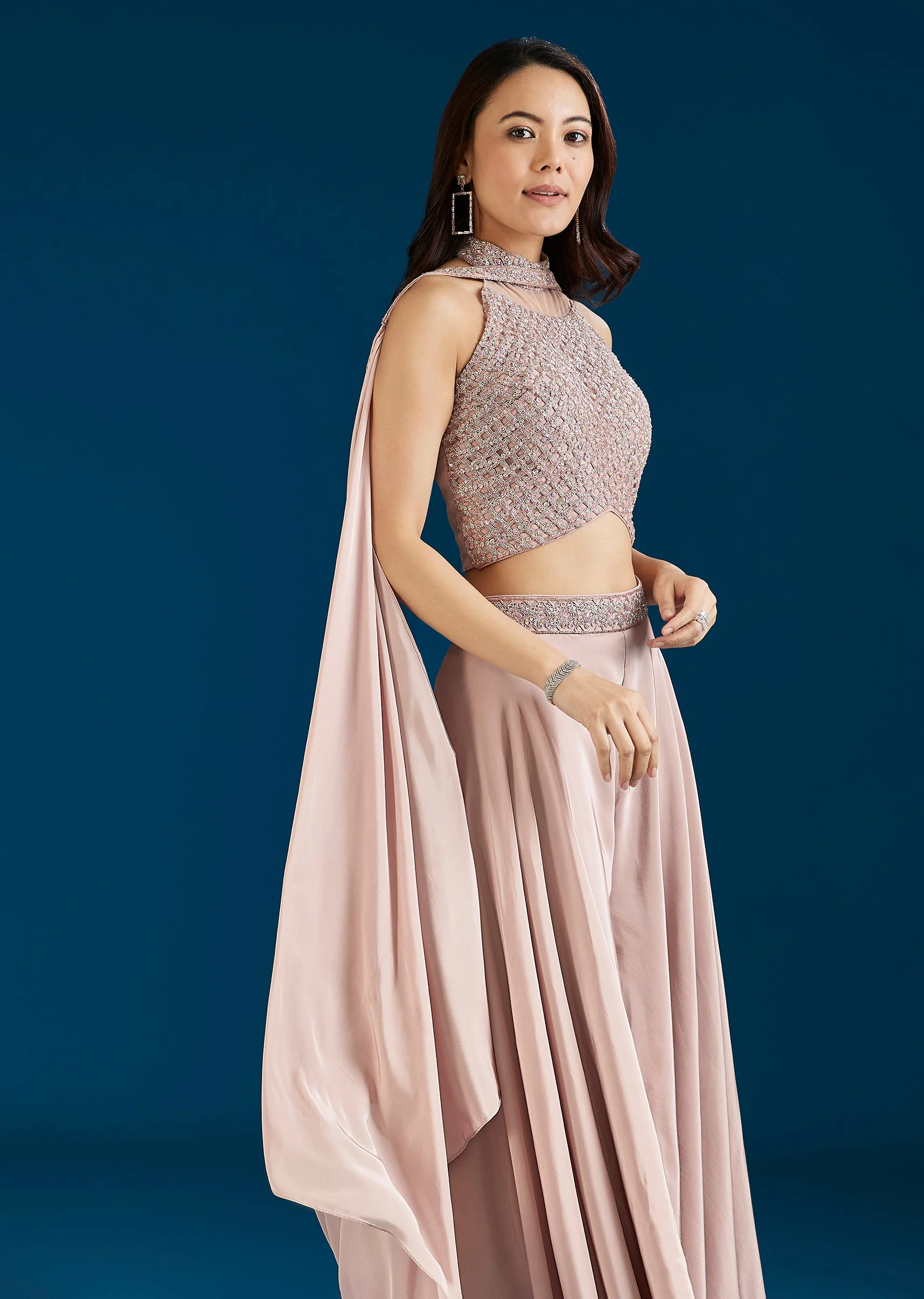 Baby Pink Embellished Crop Top Palazzo Set With Dupatta - Image 4
