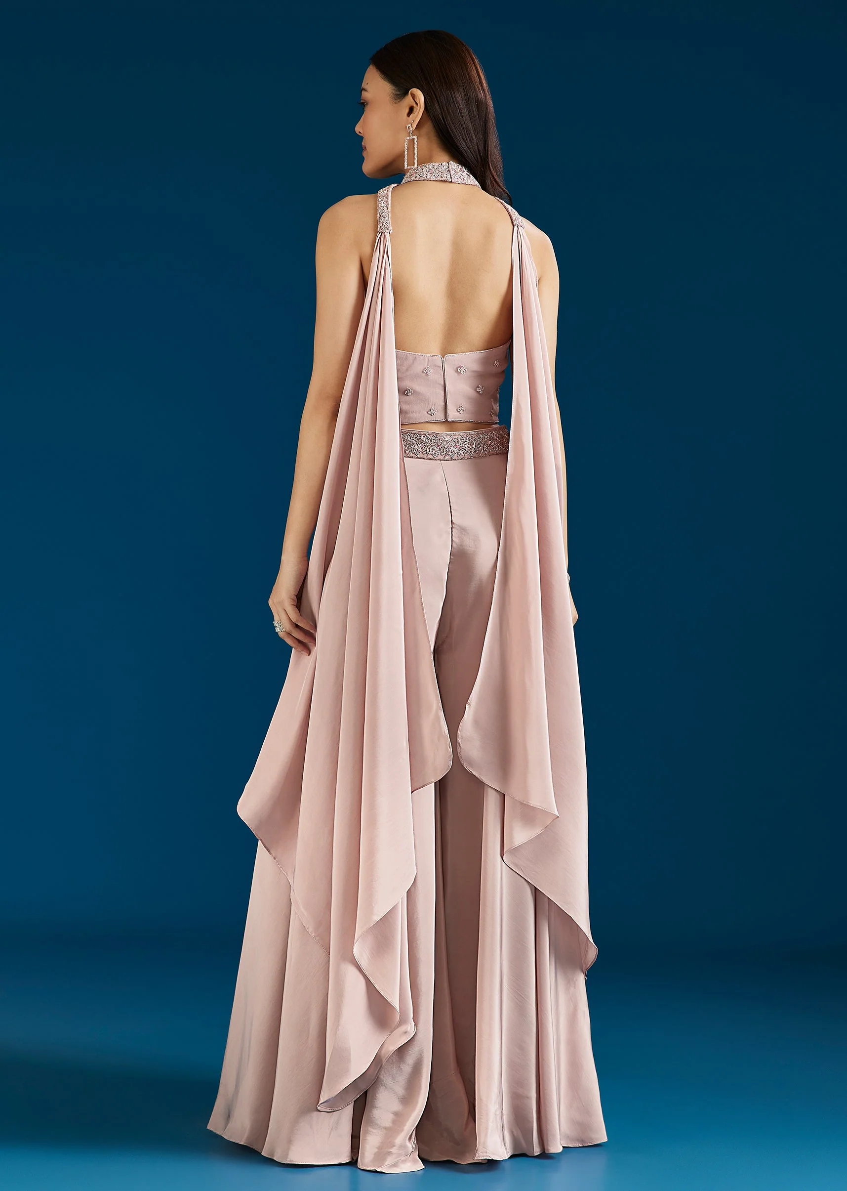 Baby Pink Embellished Crop Top Palazzo Set With Dupatta - Image 5