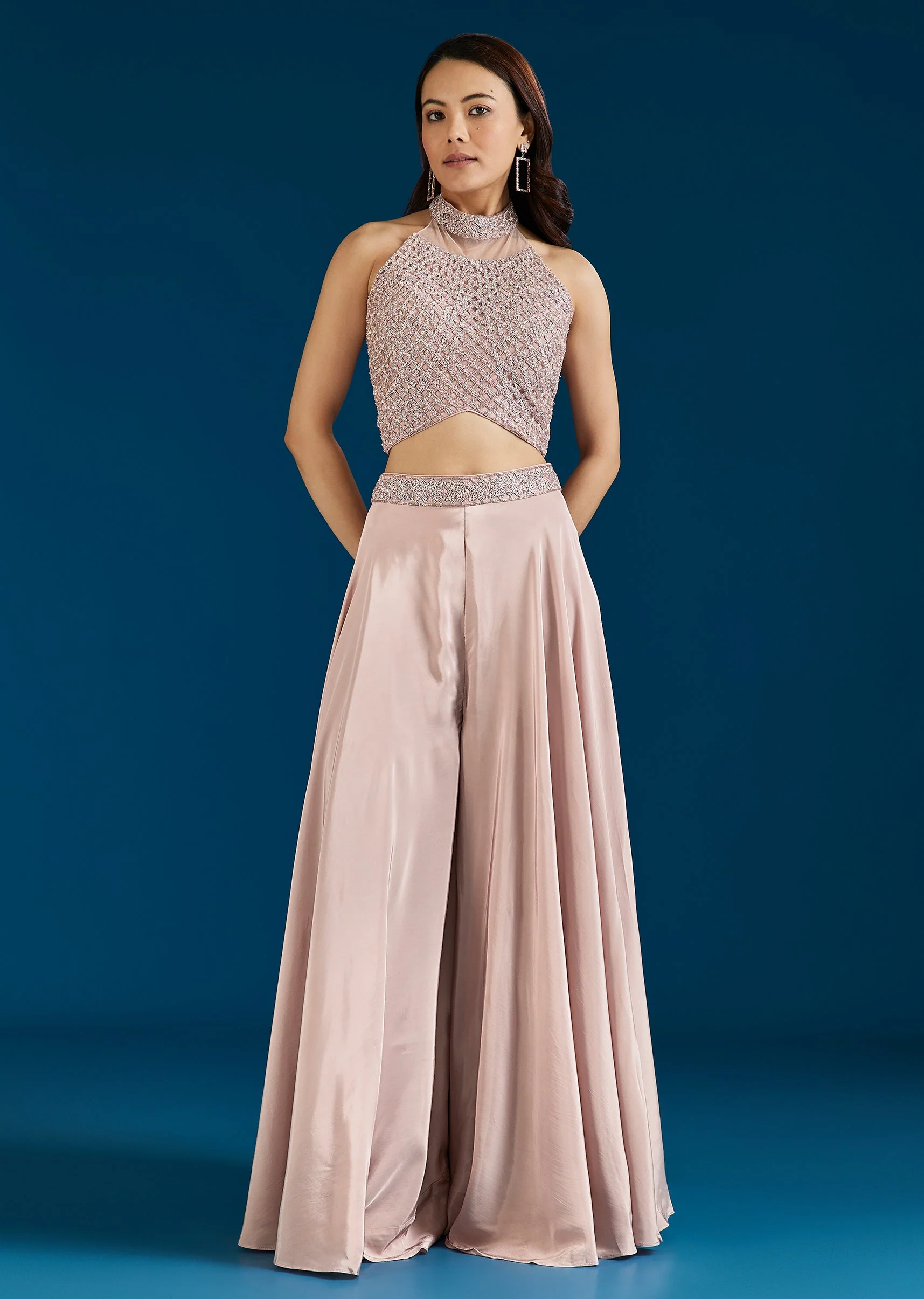 Baby Pink Embellished Crop Top Palazzo Set With Dupatta - Image 6
