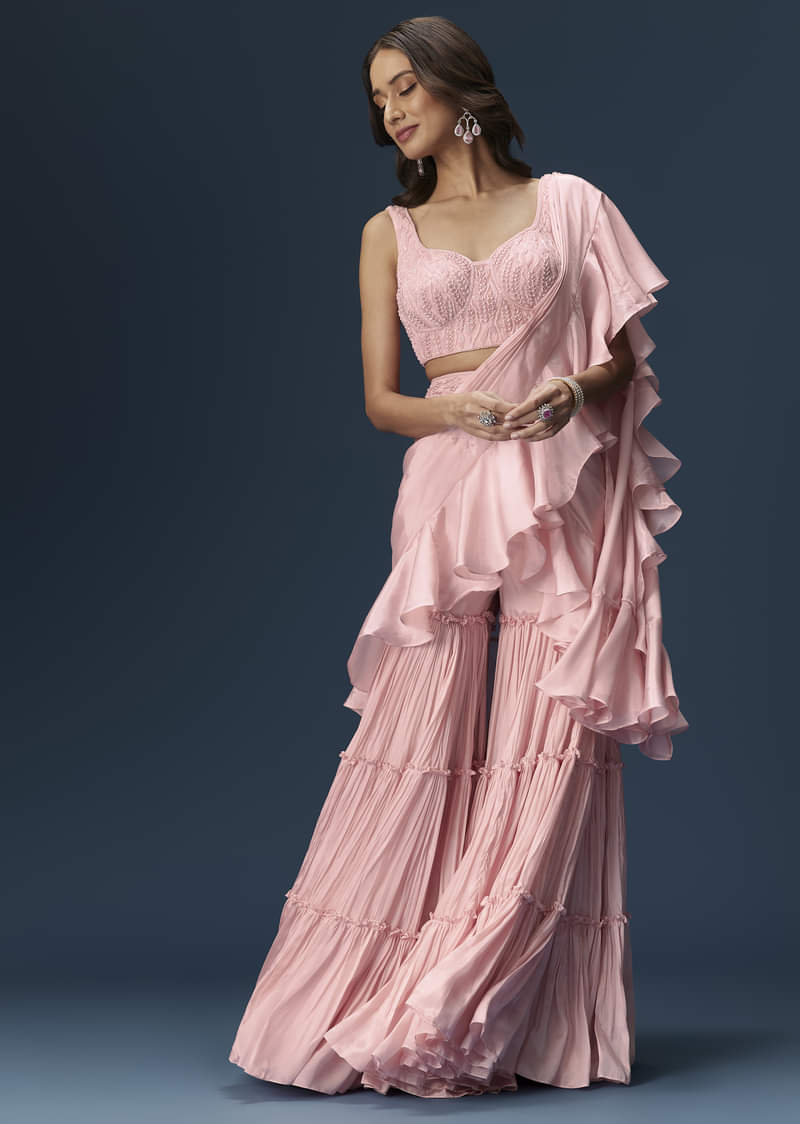 Baby Pink Frill Saree With Fancy Blouse - Image 4
