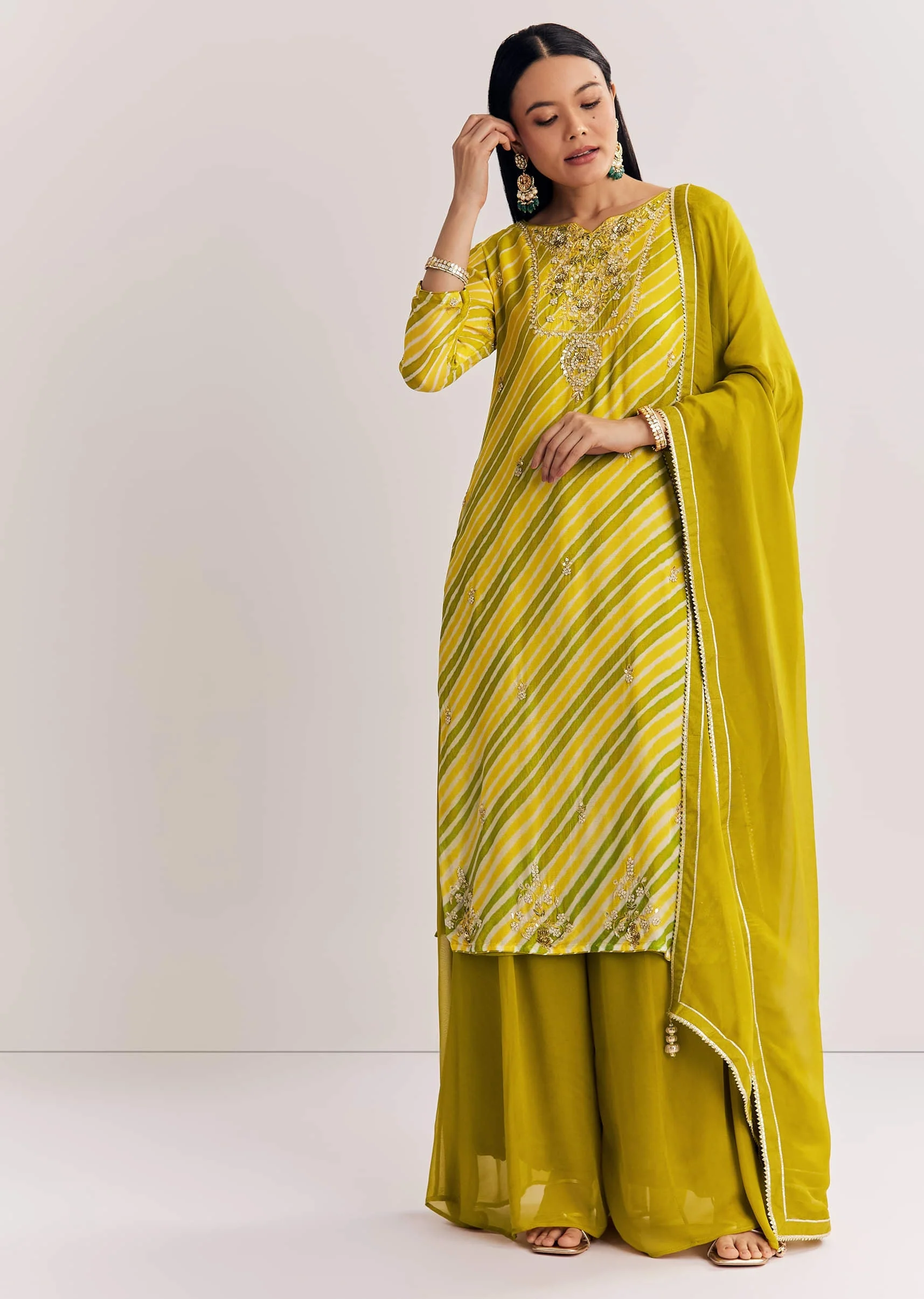 Baby Pink Georgette Kurta Palazzo Suit With Moti Work And Gotta Lace