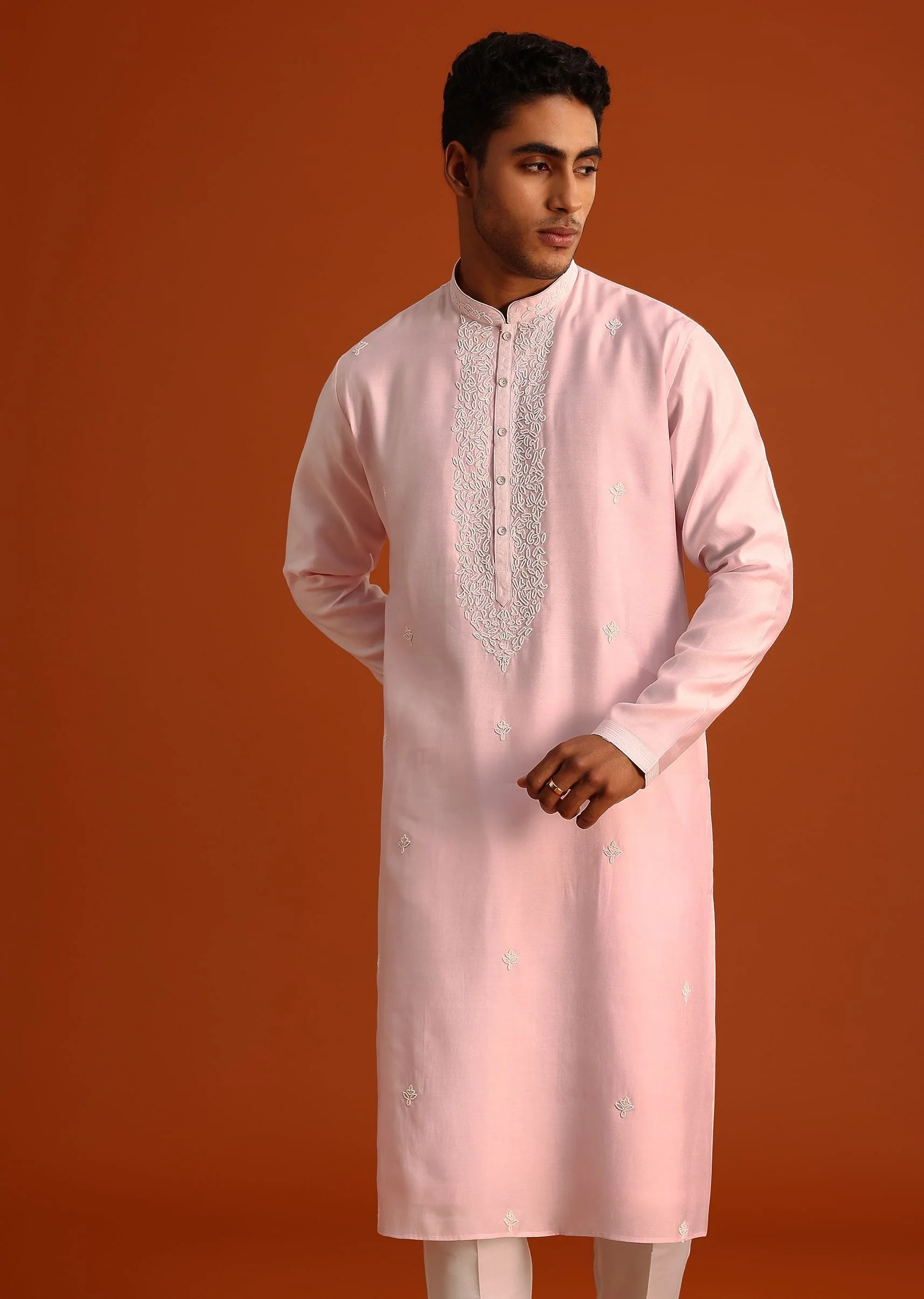 Baby Pink Hand Embroidered Kurta Set In Silk - Image 3