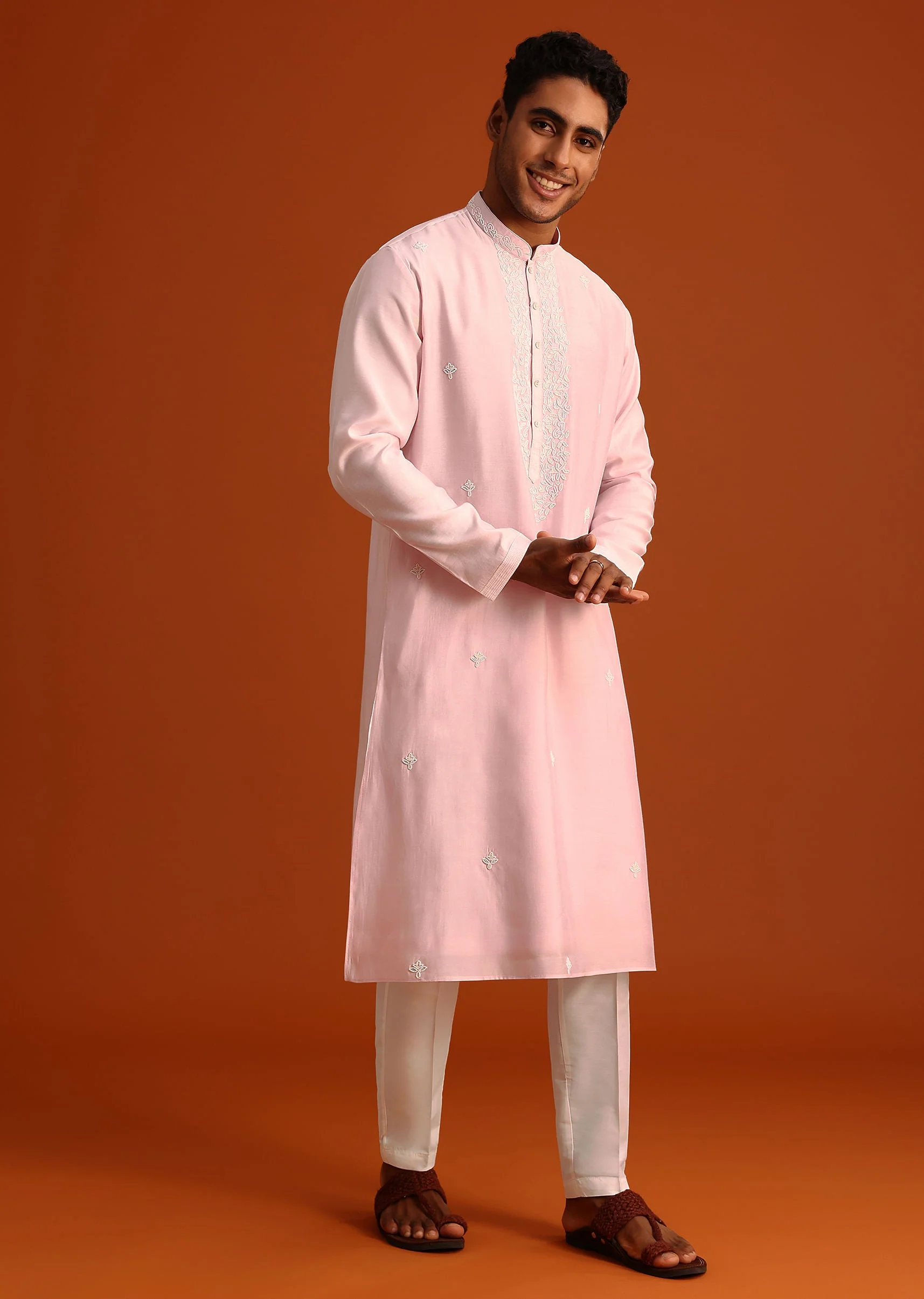 Baby Pink Hand Embroidered Kurta Set In Silk - Image 4