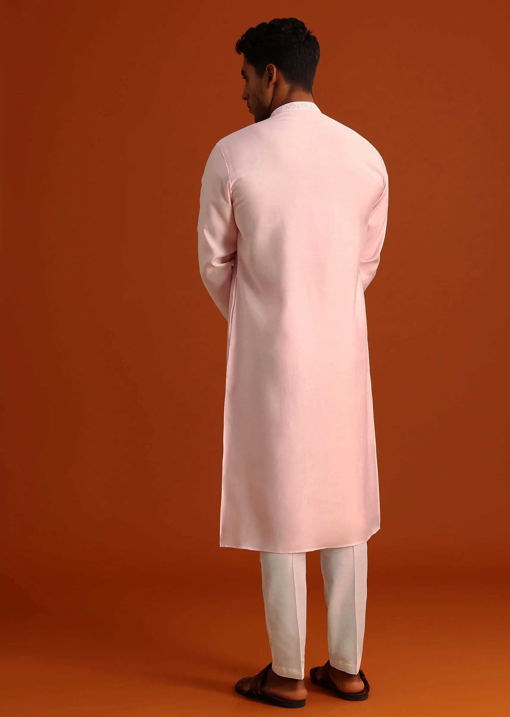 Baby Pink Hand Embroidered Kurta Set In Silk - Image 5