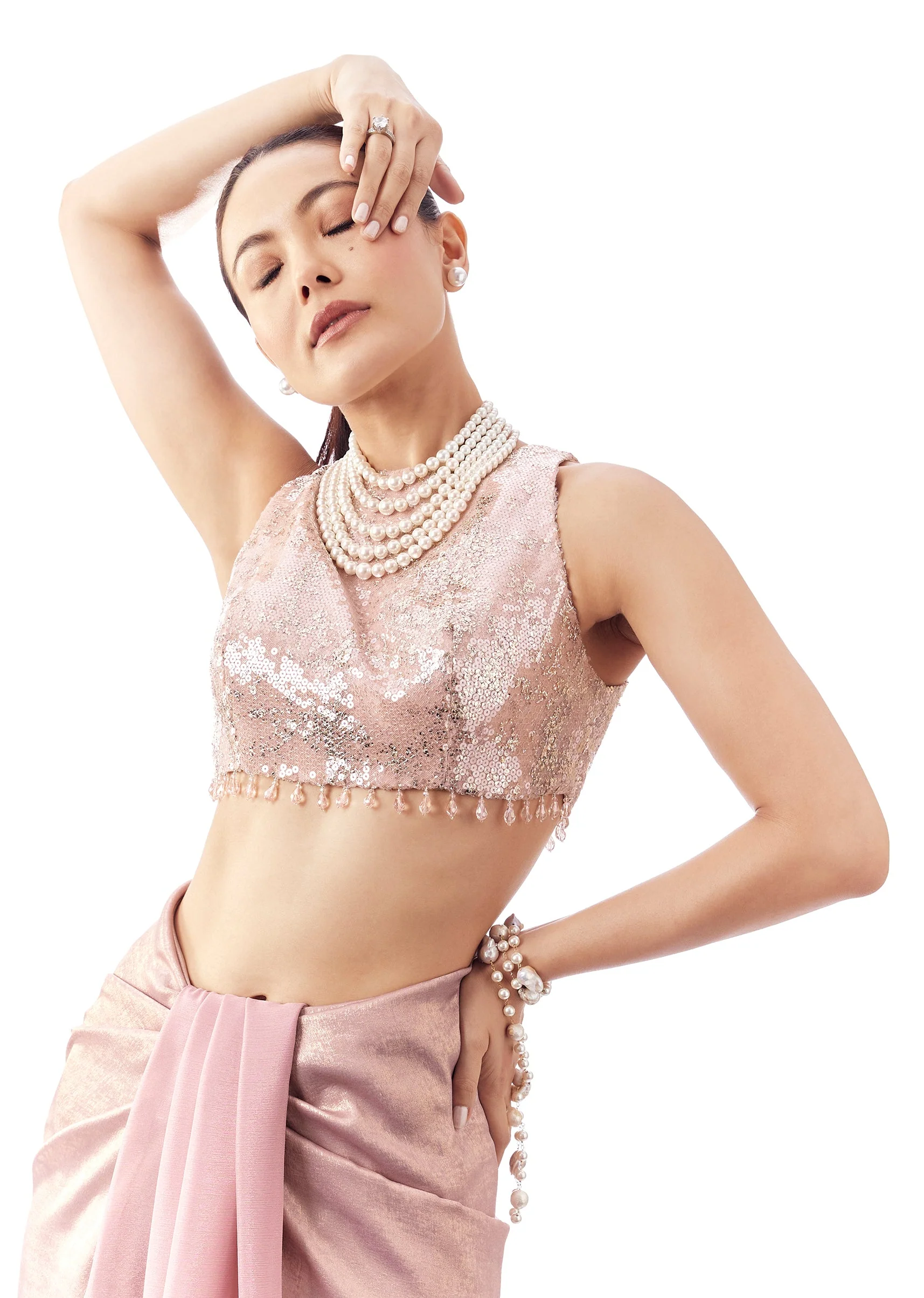 Baby Pink High Neck Blouse With Two Back Keyhole