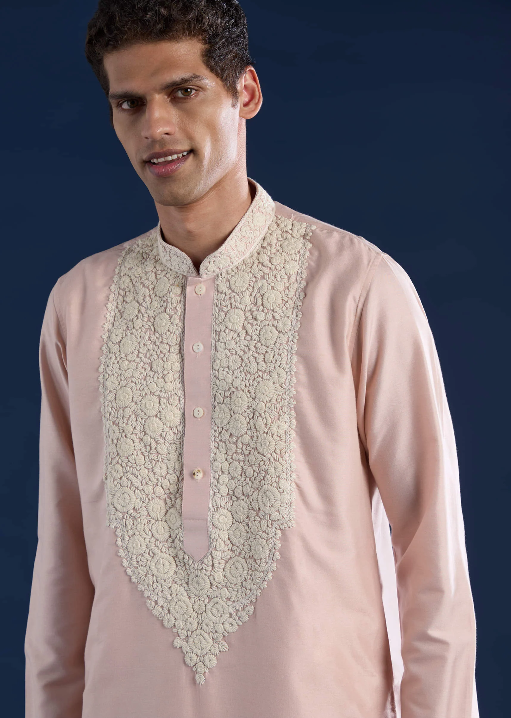 Baby Pink Kashmiri Work Banarsi Silk Mens Kurta and Pant Set - Image 2