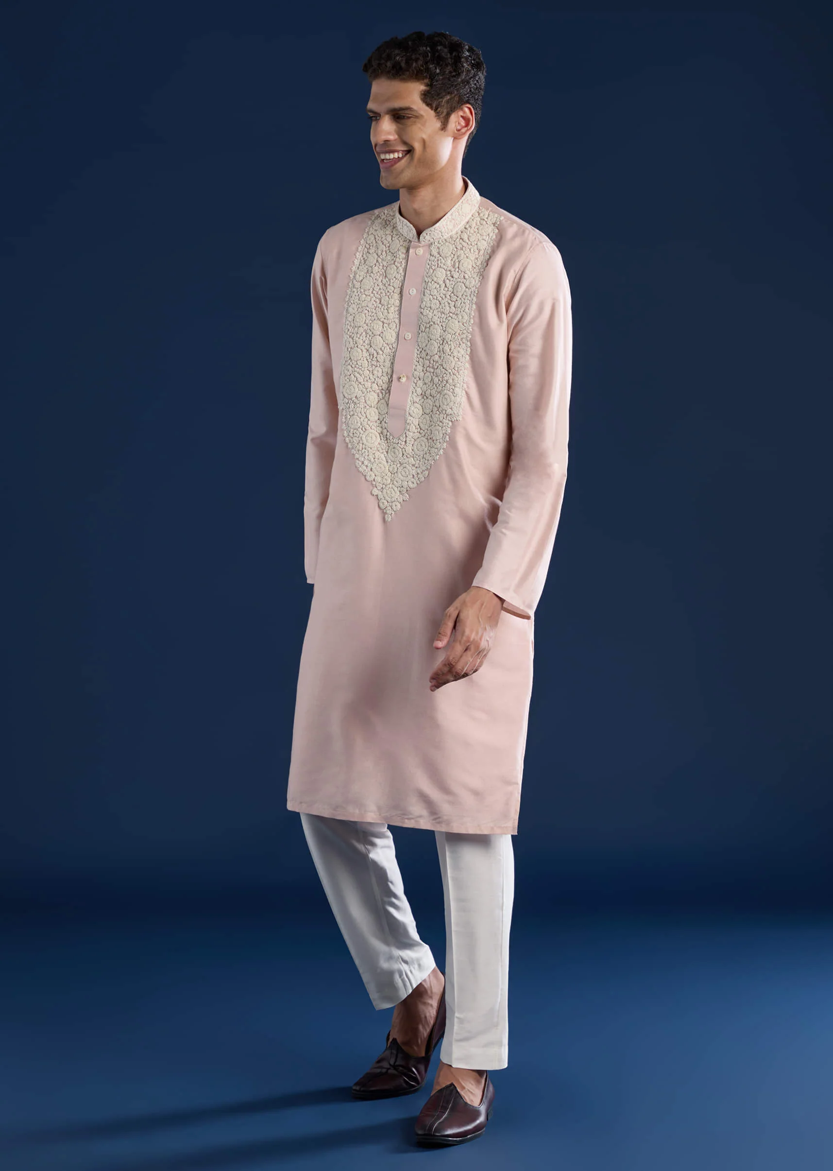 Baby Pink Kashmiri Work Banarsi Silk Mens Kurta and Pant Set - Image 3