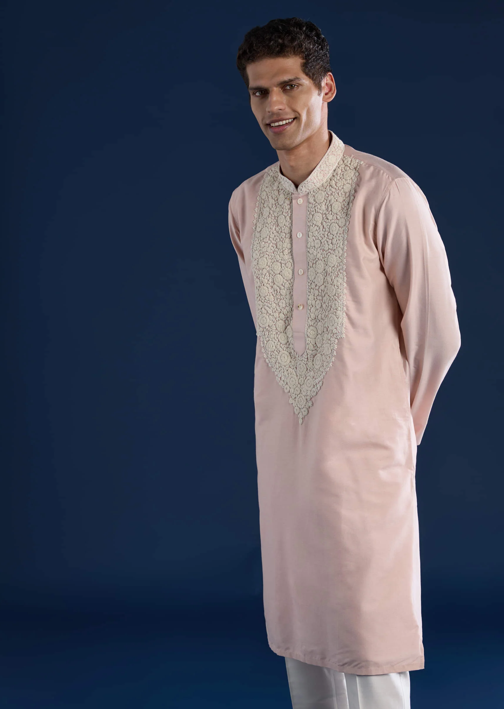 Baby Pink Kashmiri Work Banarsi Silk Mens Kurta and Pant Set - Image 4