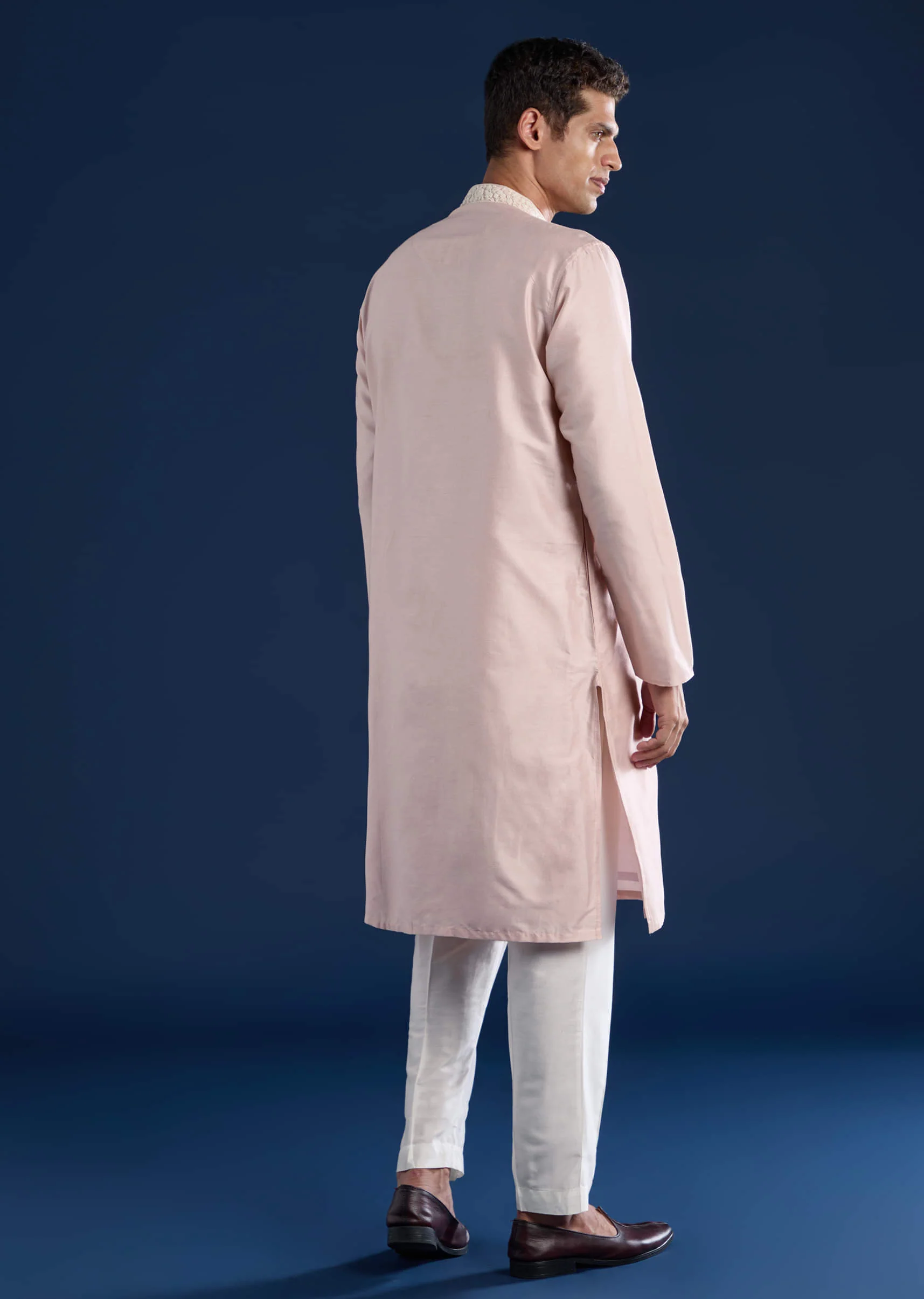 Baby Pink Kashmiri Work Banarsi Silk Mens Kurta and Pant Set - Image 5