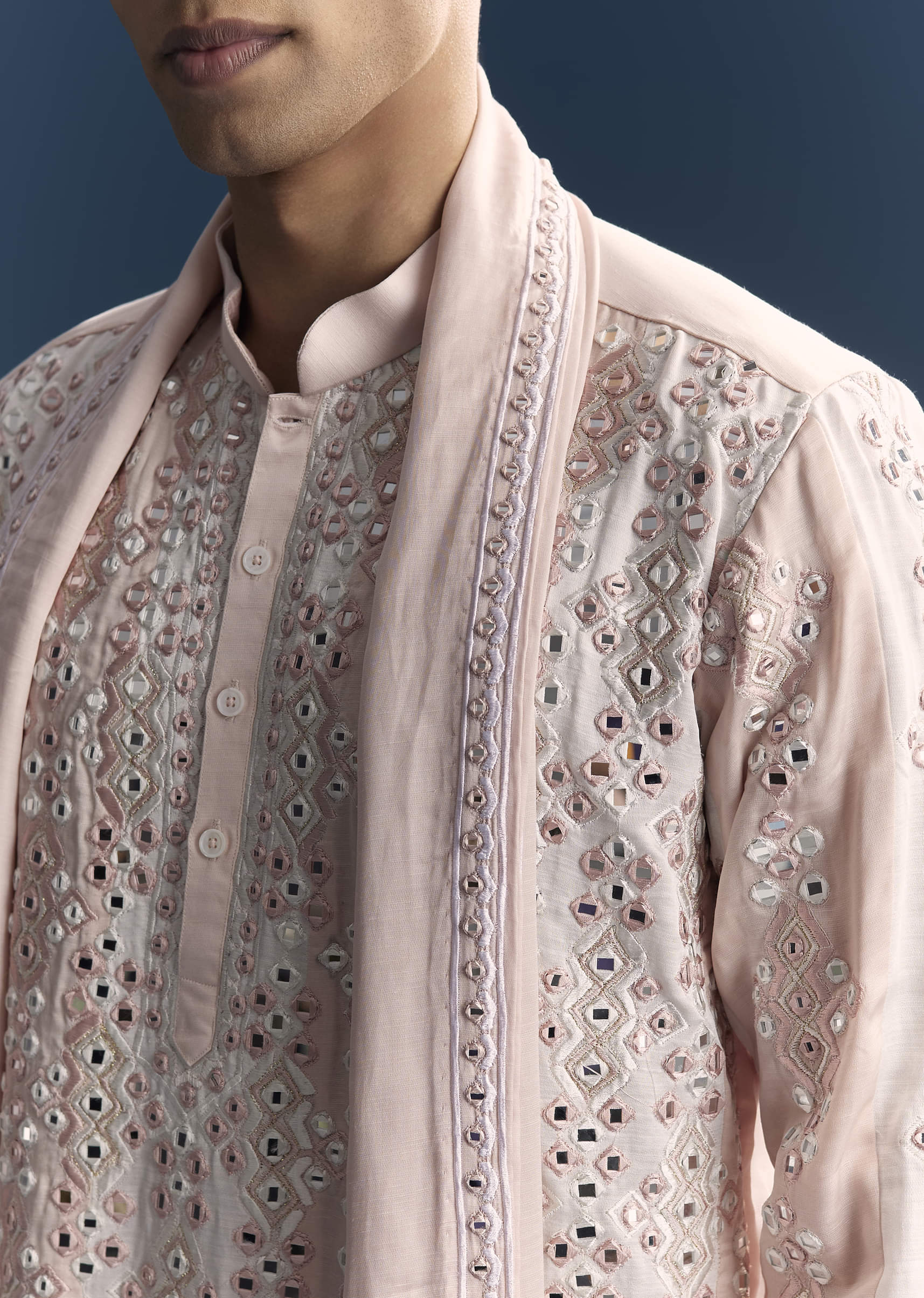 Baby Pink Kurta Set For Men With Mirror And Thread Work - Image 2