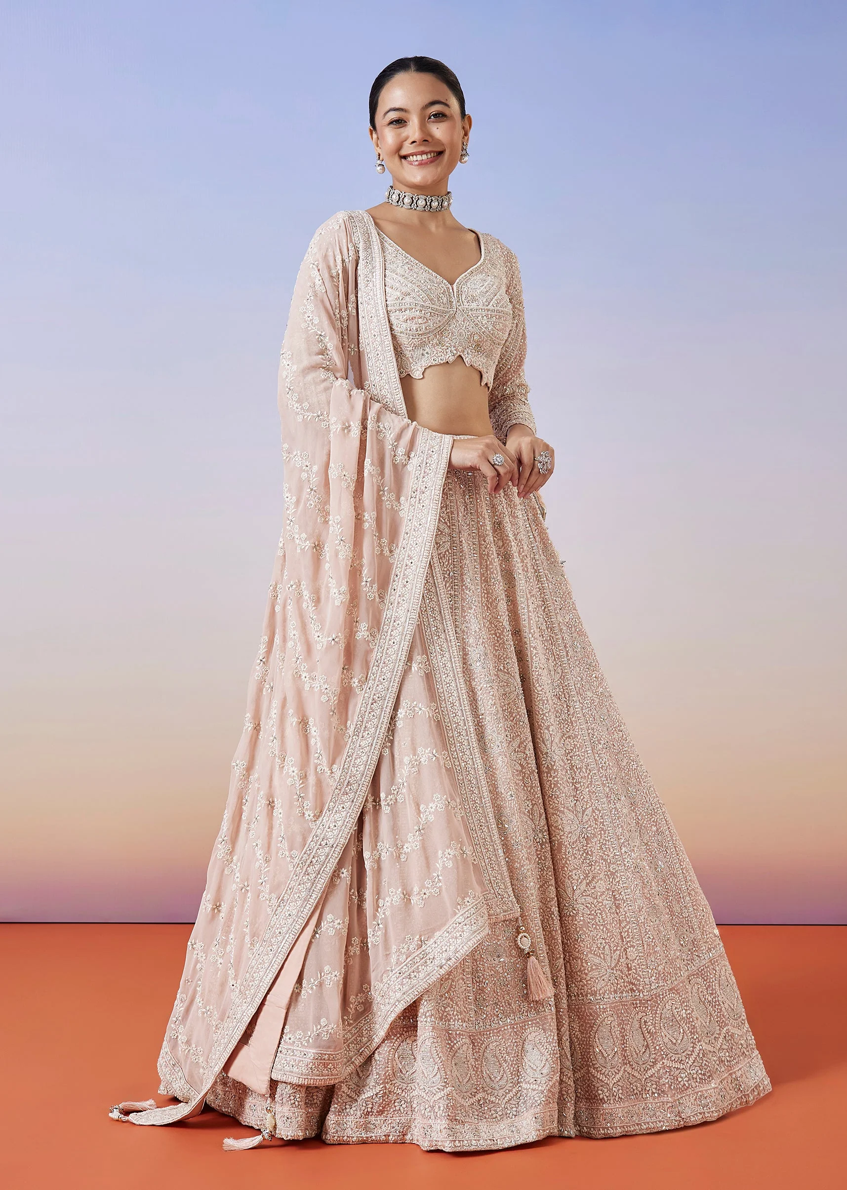 Baby Pink Lucknowi Chikankari Lehenga With Dupatta - Image 4