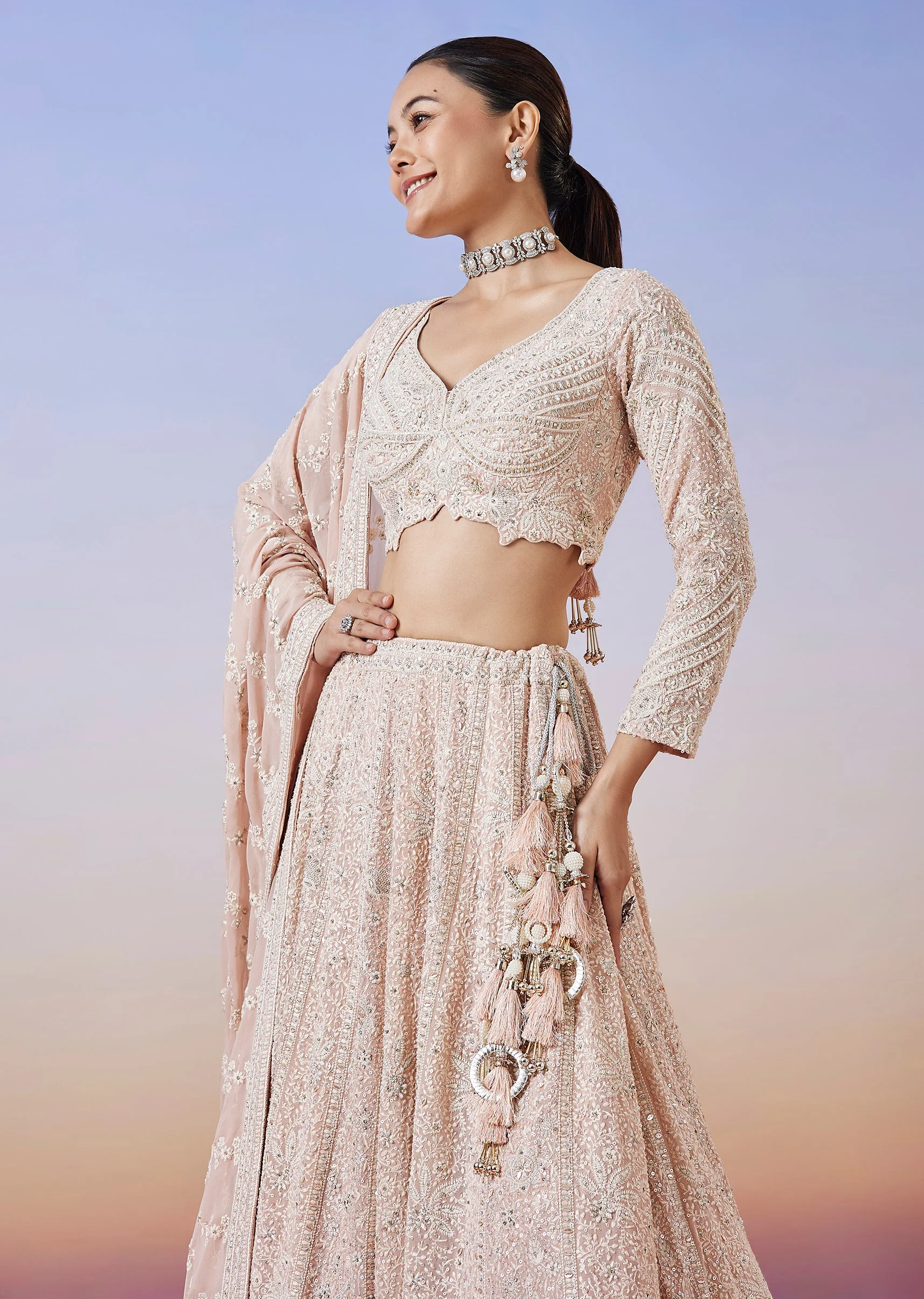 Baby Pink Lucknowi Chikankari Lehenga With Dupatta - Image 5