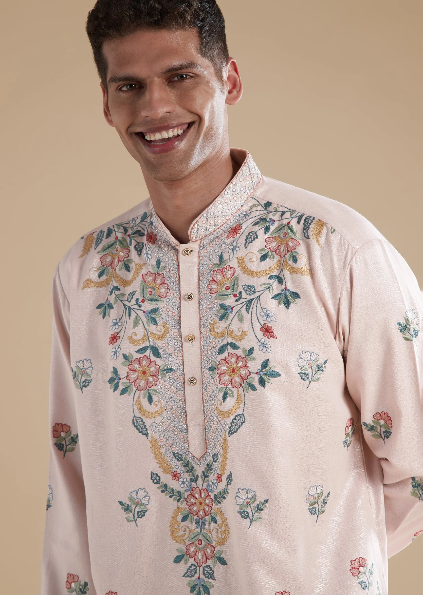 Baby Pink Modal Mens Kurta Set with Thread Resham Detail Work - Image 2