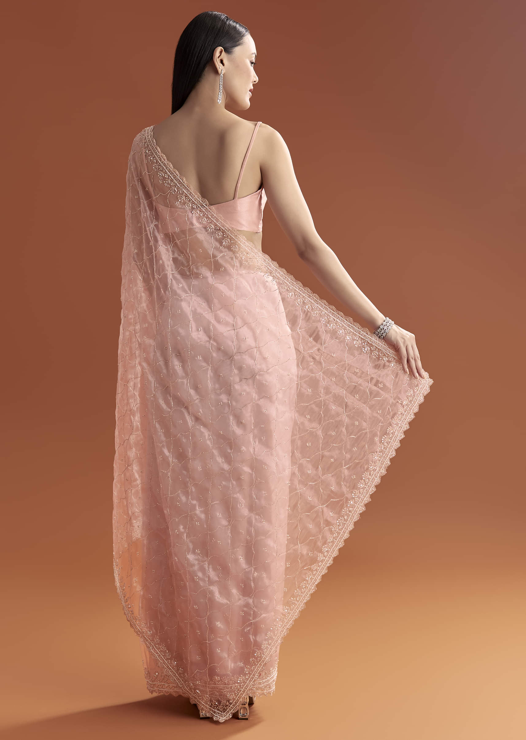 Baby Pink Organza Embroidered Saree With Jaal Work - Image 2