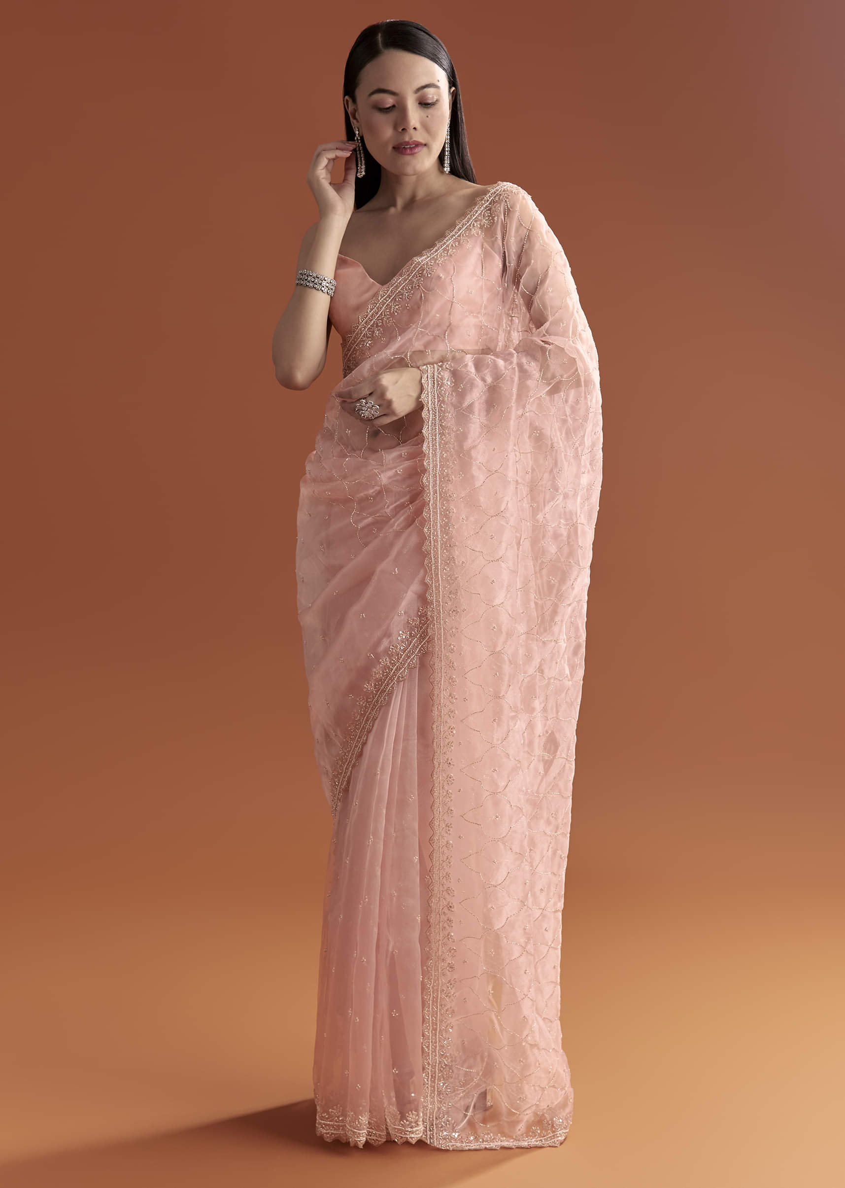 Baby Pink Organza Embroidered Saree With Jaal Work - Image 3