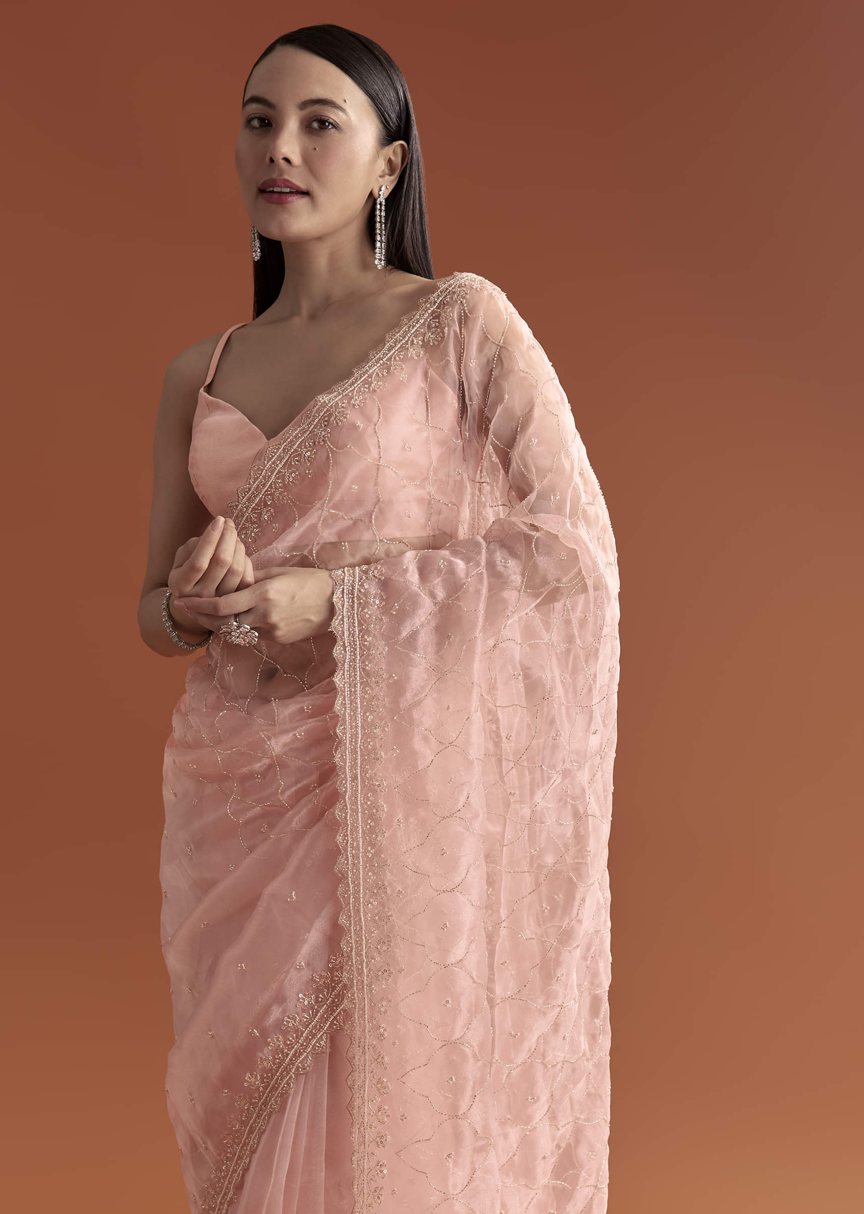 Baby Pink Organza Embroidered Saree With Jaal Work - Image 5