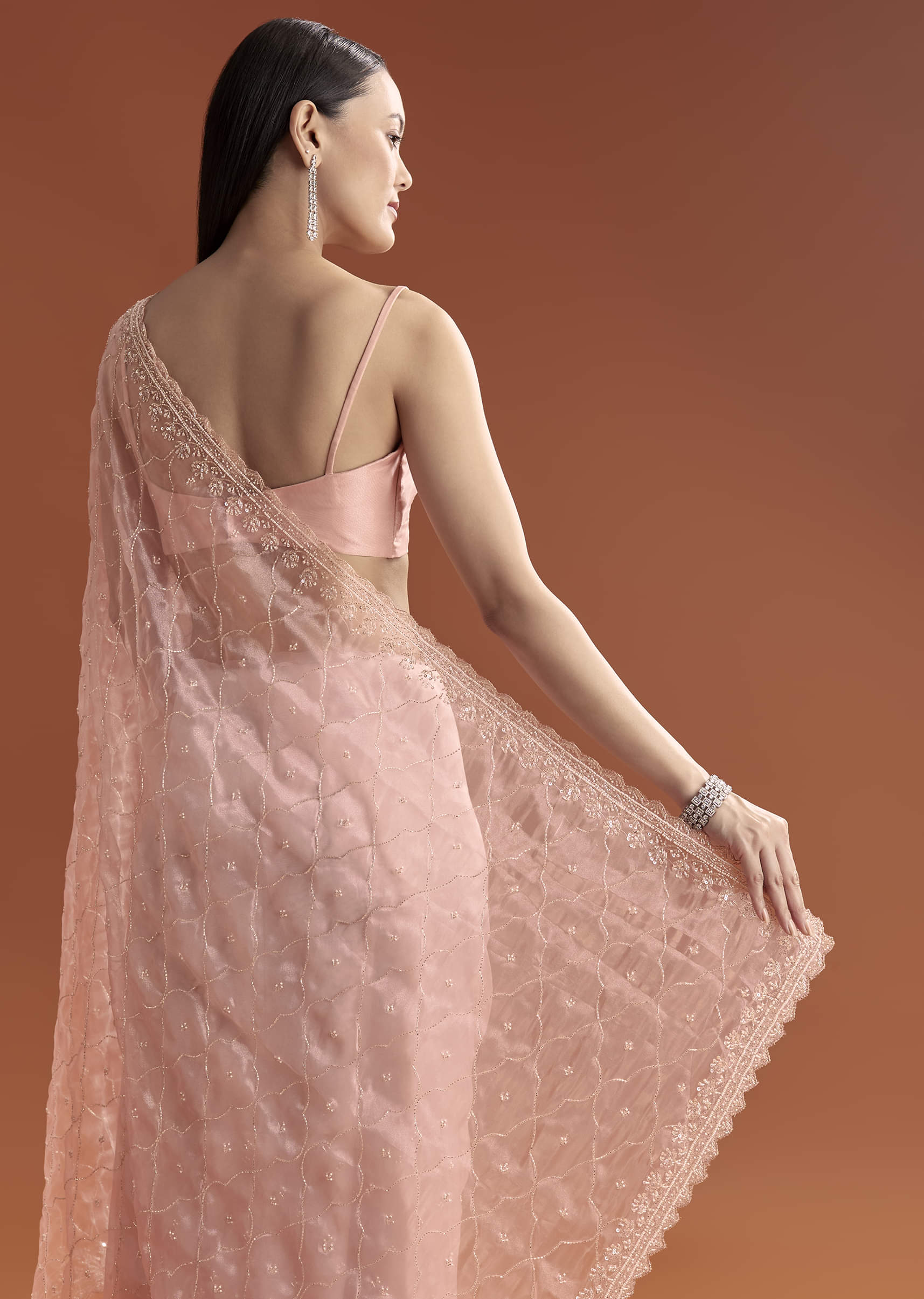 Baby Pink Organza Embroidered Saree With Jaal Work - Image 6