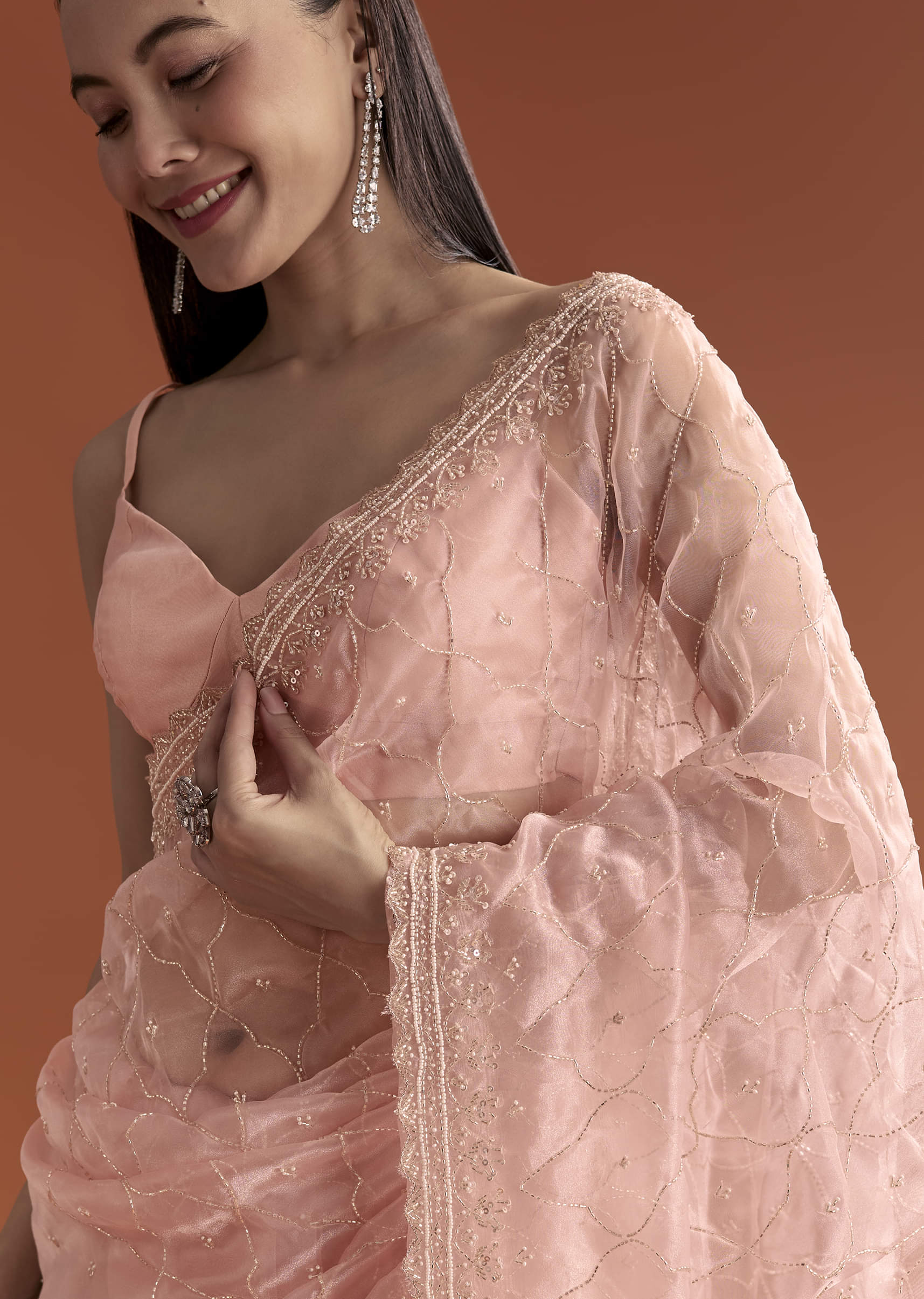 Baby Pink Organza Embroidered Saree With Jaal Work - Image 9