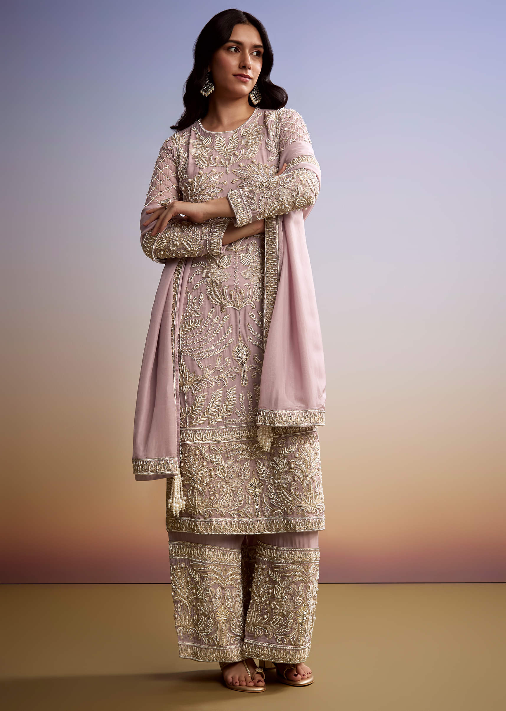 Baby Pink Organza Palazzo Suit With Zari And Moti Work - Image 3