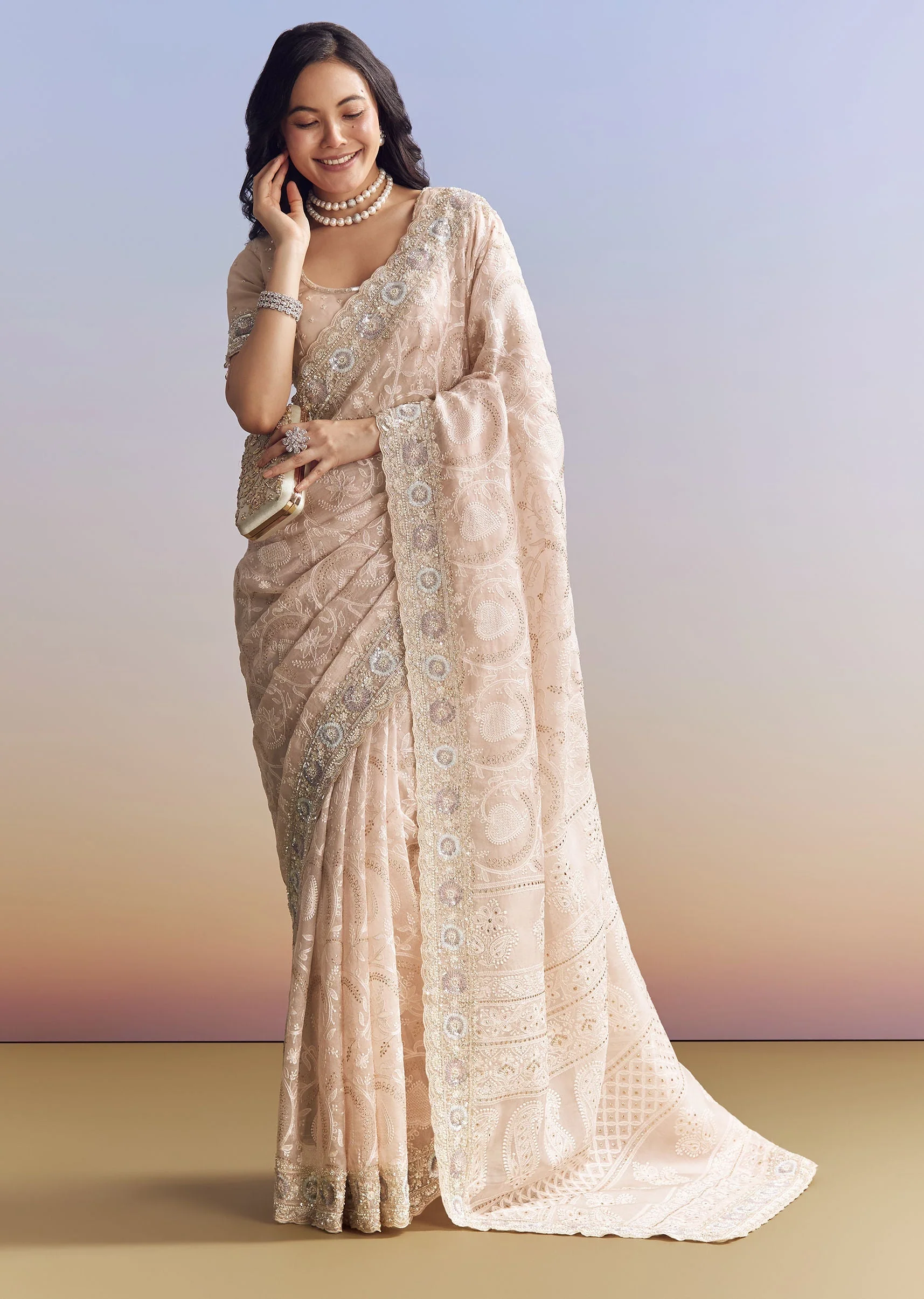 Baby Pink Organza Saree With Chikankari Threadwork And Beaded Embroidery - Image 2