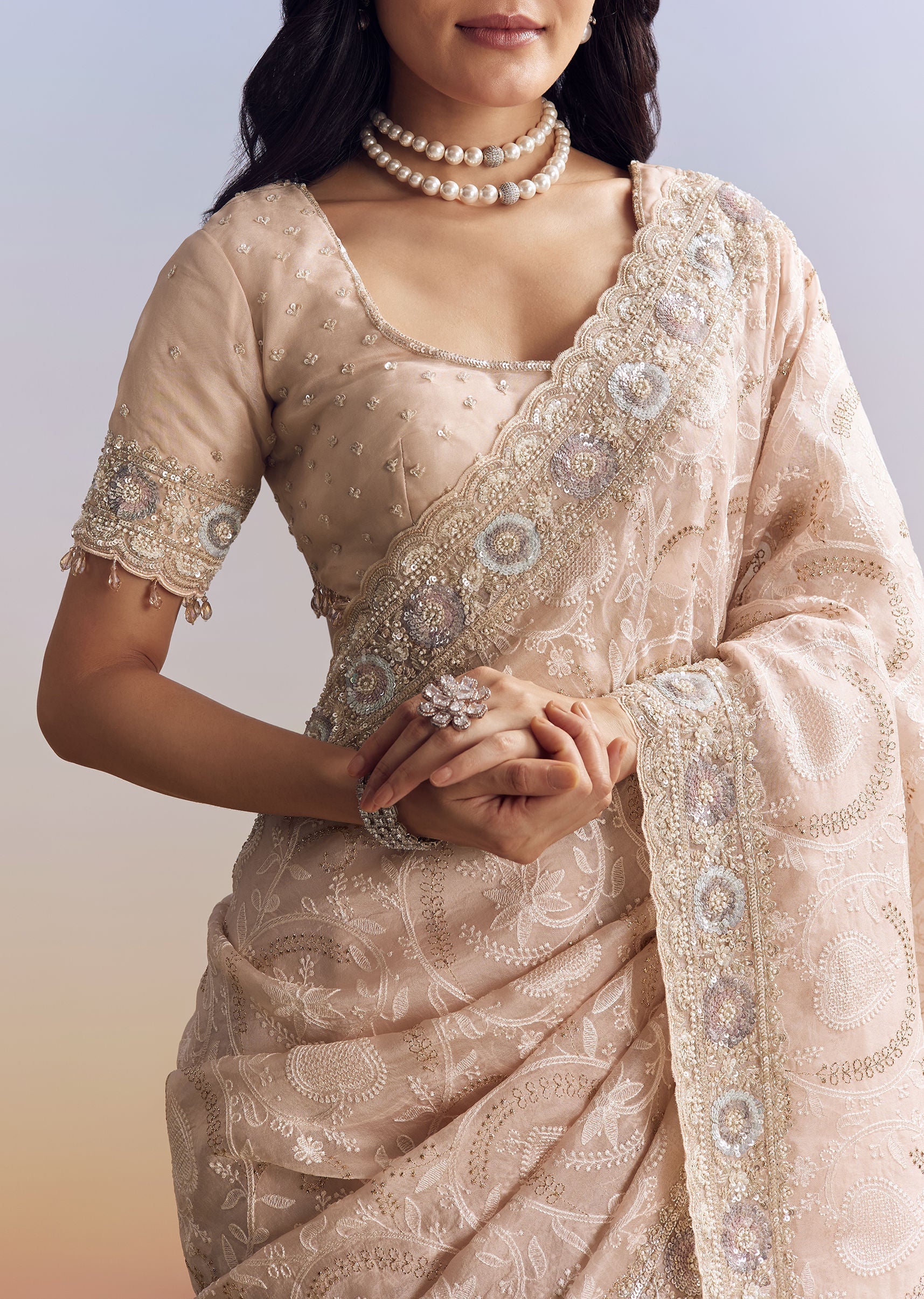 Baby Pink Organza Saree With Chikankari Threadwork And Beaded Embroidery - Image 3