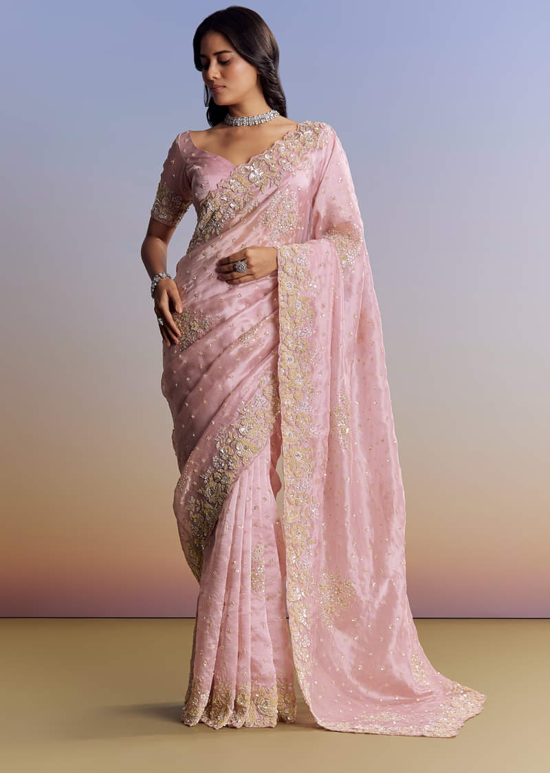 Baby Pink Organza Saree With Floral Cutwork Embroidery - Image 3