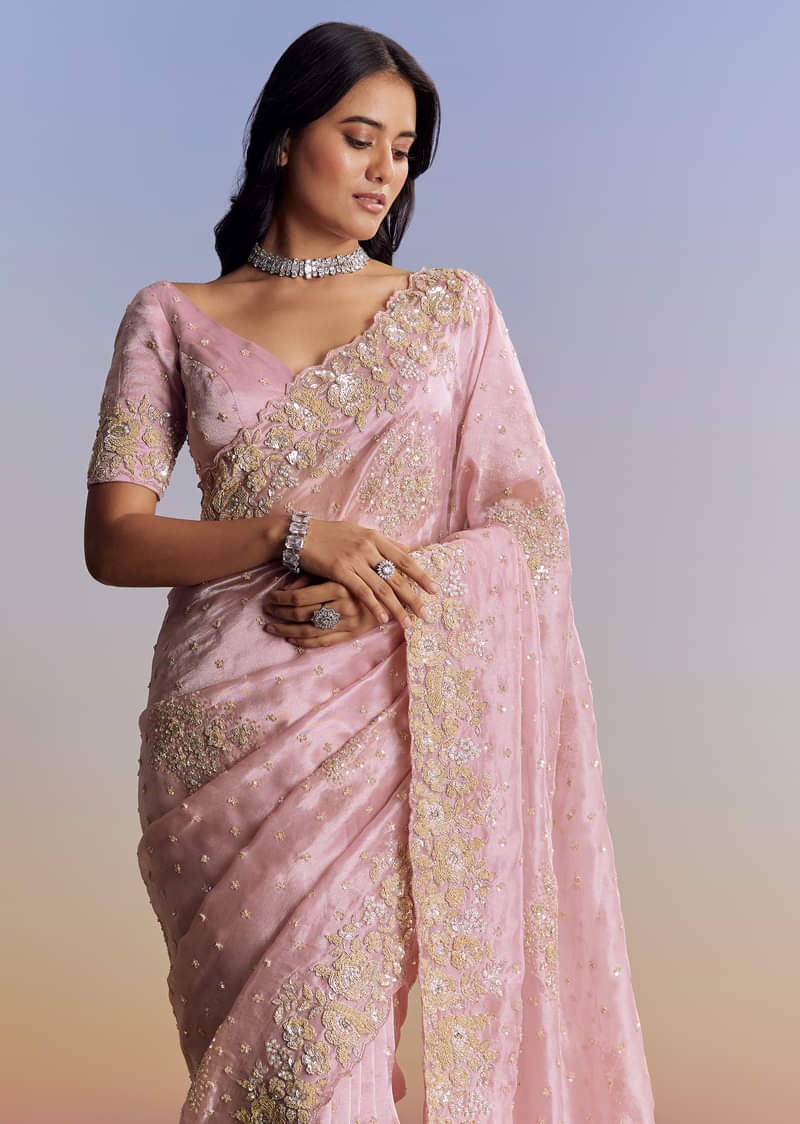 Baby Pink Organza Saree With Floral Cutwork Embroidery - Image 5